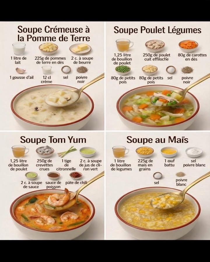 4 soupes maison, 4 ambiances gourmandes 
Cette sélection de soupes met à lhonneur des recettes simples, variées et équilibrées, idéales pour tous les moments de la semaine. Entre douceur, fraîcheur et saveurs exotiques, chaque bol apporte chaleur et réconfort.
凜 Soupe crémeuse à la pomme de terre
Ingrédients
Lait
Pommes de terre en dés
Beurre
Ail
Crème
Sel, poivre noir
Préparation
凜 Faire cuire les pommes de terre dans le lait avec lail jusquà tendreté.
杻 Ajouter le beurre, puis mixer pour obtenir une texture lisse.
拏 Incorporer la crème, saler et poivrer délicatement.
 Soupe poulet légumes
Ingrédients
Bouillon de poulet
Poulet cuit effiloché
Carottes en dés
Petits pois
Pommes de terre
Sel, poivre noir
Préparation
 Porter le bouillon à ébullition.
凌 Ajouter les légumes et laisser cuire jusquà ce quils soient fondants.
 Incorporer le poulet, assaisonner et laisser mijoter quelques minutes.
 Soupe Tom Yum
Ingrédients
Bouillon de poulet
Crevettes crues
Citronnelle
Jus de citron vert
Sauce poisson
Pâte de chili
Préparation
 Chauffer le bouillon avec la citronnelle pour libérer les arômes.
 Ajouter les crevettes et les cuire brièvement.
 Assaisonner avec le jus de citron vert, la sauce poisson et la pâte de chili.
 Soupe au maïs
Ingrédients
Bouillon de légumes
Maïs en grains
Œuf battu
Sel, poivre blanc
Préparation
 Faire chauffer le bouillon et ajouter le maïs.
籠 Verser lœuf battu en filet en remuant doucement.
蓼 Assaisonner pour une soupe douce et légèrement épaisse.
 Conclusion
Ces quatre soupes illustrent parfaitement la richesse des recettes maison, alliant simplicité, équilibre et saveurs authentiques. Une inspiration idéale pour varier les plaisirs tout en restant dans une cuisine chaleureuse et accessible.