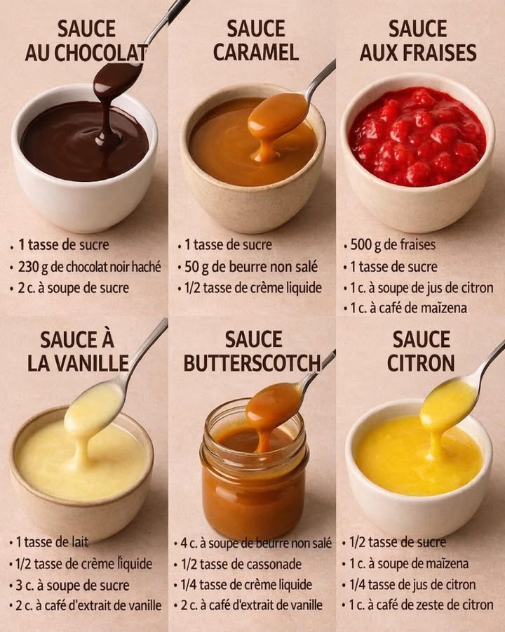 Six Sauces Gourmandes Maison 
Ces sauces sucrées maison sont idéales pour accompagner desserts, gâteaux, crêpes ou glaces. Faciles à préparer, elles offrent des saveurs variées et des textures onctueuses adaptées à toutes les envies.
狀 Ingrédients selon la sauce
Sauce au chocolat
 1 tasse de sucre
 230 g de chocolat noir haché
 2 cuillères à soupe de sucre
Sauce caramel
 1 tasse de sucre
 50 g de beurre non salé
  tasse de crème liquide
Sauce aux fraises
 500 g de fraises
 1 tasse de sucre
 1 cuillère à soupe de jus de citron
 1 cuillère à café de maïzena
Sauce à la vanille
 1 tasse de lait
  tasse de crème liquide
 3 cuillères à soupe de sucre
 2 cuillères à café dextrait de vanille
Sauce butterscotch
 4 cuillères à soupe de beurre non salé
  tasse de cassonade
  tasse de crème liquide
 2 cuillères à café dextrait de vanille
Sauce citron
  tasse de sucre
 1 cuillère à soupe de maïzena
  tasse de jus de citron
 1 cuillère à café de zeste de citron
 Préparation  principes généraux
  Chauffer les ingrédients principaux à feu doux en remuant régulièrement
 籠 Mélanger jusquà obtenir une texture lisse et homogène
  Ajouter les éléments aromatiques ou épaississants en fin de cuisson
  Laisser tiédir légèrement pour que la sauce prenne sa consistance idéale
 Ces sauces maison apportent une touche généreuse et raffinée à vos desserts, tout en permettant de contrôler les ingrédients et dobtenir des saveurs authentiques et équilibrées.