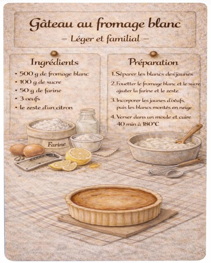 療 Gâteau au fromage blanc 
Léger, doux et familial
Ce gâteau au fromage blanc est un dessert simple et réconfortant, à la texture moelleuse et aérienne. Subtilment parfumé au citron, il se déguste aussi bien en fin de repas quau goûter.
狀 Ingrédients
500 g de fromage blanc
100 g de sucre
50 g de farine
3 œufs
Le zeste dun citron
 Préparation
讀 Séparer les œufs
Séparez les blancs des jaunes avec soin afin de pouvoir monter les blancs plus tard.
北 Préparer la base
Fouettez le fromage blanc avec le sucre jusquà obtenir un mélange lisse, puis incorporez la farine et le zeste de citron.
 Incorporer les œufs
Ajoutez les jaunes dœufs au mélange, puis incorporez délicatement les blancs montés en neige pour conserver une texture légère.
 Cuisson
Versez la préparation dans un moule et enfournez à 180C pendant 40 minutes, jusquà ce que le gâteau soit doré et bien pris.
 Conclusion
Ce gâteau au fromage blanc séduit par sa simplicité et sa légèreté, avec une saveur douce et équilibrée. Un dessert intemporel, idéal pour partager un moment gourmand en toute simplicité.