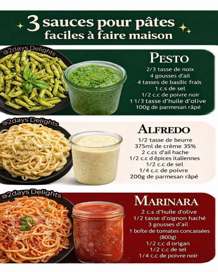 Sauce pesto maison 
Une sauce emblématique, fraîche et parfumée, parfaite pour sublimer les pâtes en toute simplicité. Le pesto maison offre une texture onctueuse et un goût authentique grâce à des ingrédients bruts et bien équilibrés.
狀 Ingrédients
2/3 tasse de noix
4 gousses dail
4 tasses de basilic frais
1 c. à soupe de sel
1/2 c. à café de poivre noir
1 1/3 tasse dhuile dolive
100 g de parmesan râpé
 Préparation
 Préparer la base
 Déposer le basilic frais, lail et les noix dans un mixeur
 Mixer jusquà obtenir une texture grossière et homogène
蓼 Assaisonner
 Ajouter le sel et le poivre
 Mixer légèrement pour bien répartir les saveurs
㮝 Incorporer lhuile
 Verser lhuile dolive progressivement tout en mixant
 Ajuster la texture selon la consistance souhaitée
燎 Finaliser
 Ajouter le parmesan râpé
 Mélanger délicatement pour conserver une sauce crémeuse
Cette sauce pesto maison est idéale pour accompagner des pâtes, des légumes ou des plats simples, apportant fraîcheur, caractère et équilibre à chaque assiette.