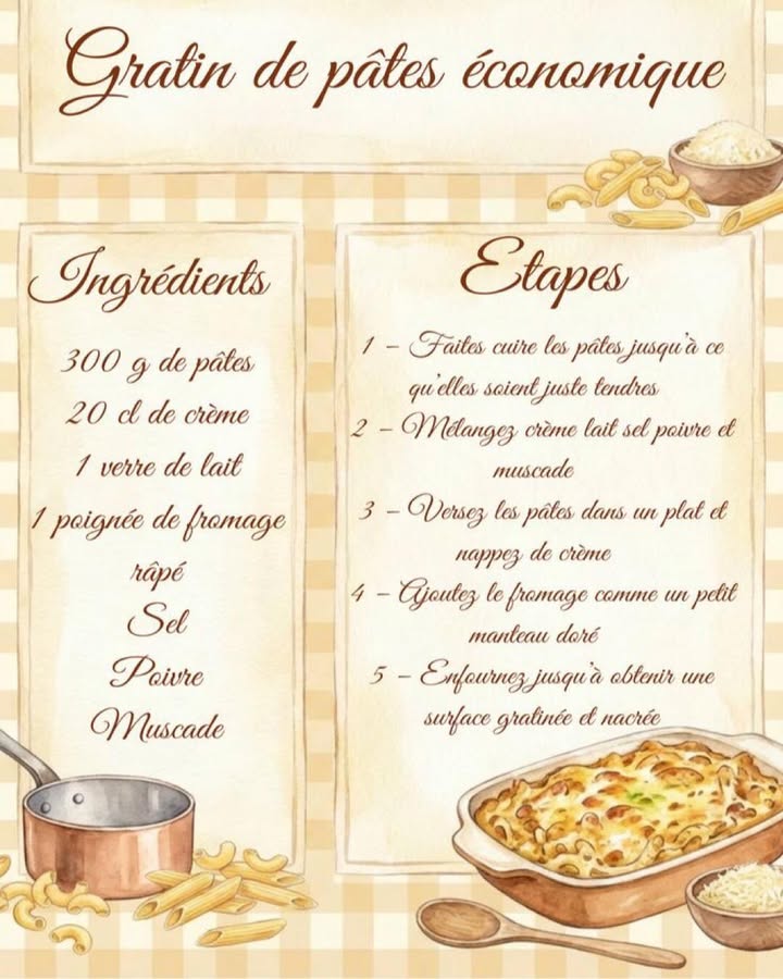 Gratin de pâtes économique et réconfortant 燎
Ce gratin de pâtes simple et accessible est idéal pour un repas chaleureux sans se compliquer la vie. Avec peu dingrédients du quotidien, il offre une texture fondante et un goût doux qui plaît à toute la table.
茶 Ingrédients :
 300 g de pâtes
 20 cl de crème
 1 verre de lait
 1 poignée de fromage râpé
 Sel
 Poivre
 Muscade
 Préparation :
  Cuire les pâtes
Faites cuire les pâtes dans une eau salée jusquà ce quelles soient juste tendres, puis égouttez-les soigneusement.
 拏 Préparer lappareil crémeux
Dans un bol, mélangez la crème, le lait, le sel, le poivre et une pincée de muscade pour obtenir une sauce homogène.
  Assembler le gratin
Versez les pâtes dans un plat allant au four, puis nappez-les généreusement du mélange crémeux.
 燎 Ajouter le fromage
Parsemez le fromage râpé sur le dessus afin de former une couche fondante et dorée à la cuisson.
  Enfourner
Placez le plat au four jusquà obtenir une surface bien gratinée et légèrement dorée.
 Conclusion
Ce gratin de pâtes économique est une solution simple et savoureuse pour un repas du quotidien. Facile à préparer, il allie praticité, douceur et gourmandise dans un plat réconfortant.