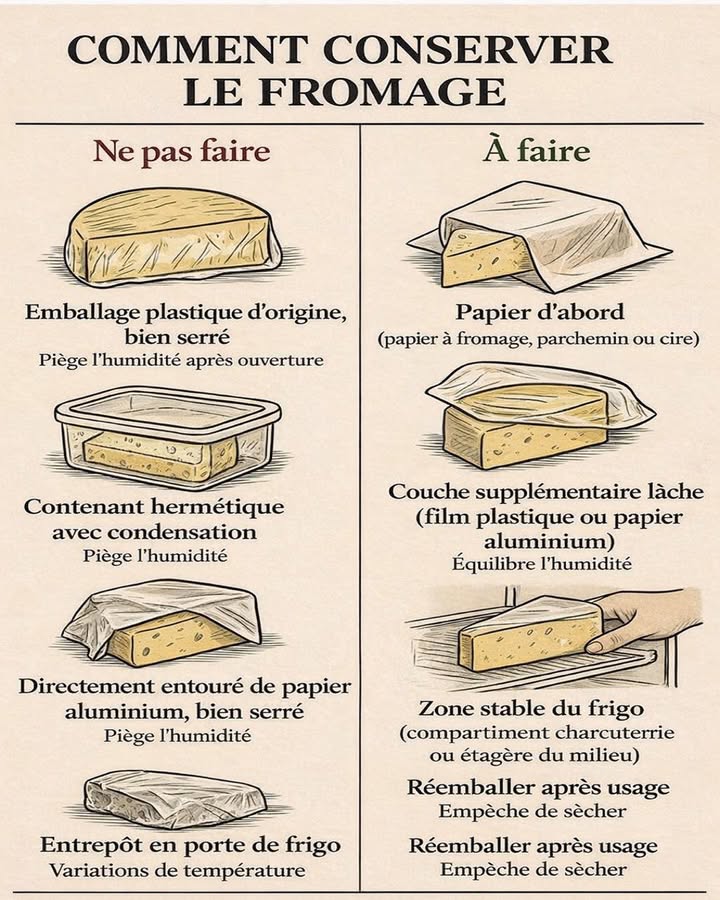 燎 Bien conserver le fromage à la maison
Le fromage est un produit vivant qui a besoin de respirer pour garder toute sa saveur. Une bonne méthode de conservation permet de préserver sa texture, son goût et sa fraîcheur plus longtemps.
  Éviter lemballage plastique dorigine bien serré
Il retient lhumidité après ouverture et favorise la condensation, ce qui altère le fromage.
  Ne pas utiliser de contenant hermétique
Lhumidité piégée accélère le développement de moisissures indésirables.
  Éviter laluminium directement et trop serré
Il empêche le fromage de respirer correctement et favorise lexcès dhumidité.
  Ne pas stocker dans la porte du réfrigérateur
Les variations de température nuisent à la conservation et au goût.
  Privilégier le papier à fromage, parchemin ou papier ciré
Ces matériaux permettent au fromage de respirer tout en conservant une bonne humidité.
  Ajouter une couche extérieure souple si besoin
Un film plastique ou un papier aluminium posé lâchement aide à équilibrer lhumidité sans étouffer le fromage.
  Choisir une zone stable du réfrigérateur
Le compartiment à charcuterie ou une étagère centrale offre une température plus constante.
  Réemballer après chaque utilisation
Cela évite le dessèchement et prolonge la qualité du fromage.
Avec ces gestes simples, le fromage conserve plus longtemps ses arômes, sa texture et tout le plaisir de la dégustation.