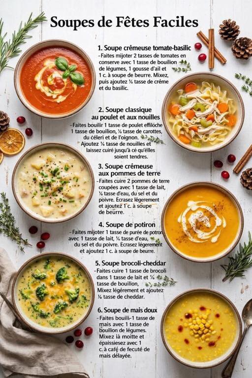 Soupes de fêtes faciles & réconfortantes 
Ces soupes de fêtes sont pensées pour allier simplicité, saveurs et convivialité, tout en sadaptant parfaitement aux repas dhiver. Chaque recette propose une texture douce et un goût équilibré, idéal pour réchauffer la table sans complexité.
茶 Ingrédients
Soupe crémeuse tomate-basilic
Tomates en conserve
Bouillon de légumes
Ail
Beurre
Crème
Basilic
Soupe classique au poulet et aux nouilles
Poulet effiloché
Bouillon
Carottes
Céleri
Oignon
Nouilles
Soupe crémeuse aux pommes de terre
Pommes de terre
Lait
Eau
Beurre
Sel et poivre
Soupe de potiron
Purée de potiron
Bouillon de légumes
Ail
Oignon
Crème
Muscade
Soupe brocoli-cheddar
Brocoli
Lait
Bouillon
Cheddar râpé
Soupe de maïs doux
Maïs
Bouillon de légumes
Fécule de maïs
 Préparation
 Soupe tomate-basilic
Faire mijoter les tomates avec le bouillon, lail et le beurre. Mixer puis ajouter la crème et le basilic pour une texture veloutée.
 Soupe poulet et nouilles
Faire cuire le poulet et les légumes dans le bouillon, ajouter les nouilles et laisser cuire jusquà tendreté.
凜 Soupe pommes de terre
Cuire les pommes de terre avec le lait et leau, assaisonner puis écraser légèrement avant dincorporer le beurre.
 Soupe de potiron
Faire mijoter la purée de potiron avec le bouillon et les aromates, mixer puis ajouter la crème et la muscade.
復 Soupe brocoli-cheddar
Cuire le brocoli dans le lait et le bouillon, mixer légèrement puis incorporer le cheddar.
 Soupe de maïs doux
Faire bouillir le maïs avec le bouillon, mixer partiellement et épaissir avec la fécule délayée.
 Ces soupes de fêtes offrent des recettes simples, chaleureuses et équilibrées, parfaites pour créer une ambiance conviviale et gourmande tout au long de lhiver.