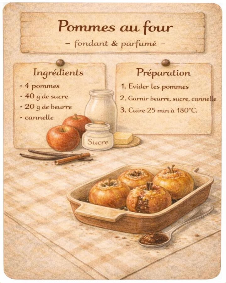Pommes au four fondantes et parfumées 
Ce dessert simple et réconfortant met en valeur la douceur naturelle des pommes. Avec peu dingrédients, il offre une texture fondante et un parfum délicatement épicé, idéal pour une fin de repas tout en légèreté.
茶 Ingrédients :
 4 pommes
 40 g de sucre
 20 g de beurre
 Cannelle
 Préparation :
  Évider les pommes
Lavez les pommes puis évidez-les délicatement en conservant leur forme afin de pouvoir les garnir facilement.
 杻 Garnir avec soin
Remplissez le centre de chaque pomme avec un mélange de beurre, de sucre et dune pincée de cannelle pour un parfum équilibré.
  Cuire au four
Disposez les pommes dans un plat et enfournez pendant 25 minutes à 180C, jusquà ce quelles soient bien fondantes et légèrement dorées.
 Conclusion
Les pommes au four sont un dessert intemporel, à la fois simple, économique et gourmand. Leur parfum chaleureux et leur texture fondante en font une douceur appréciée en toute saison.