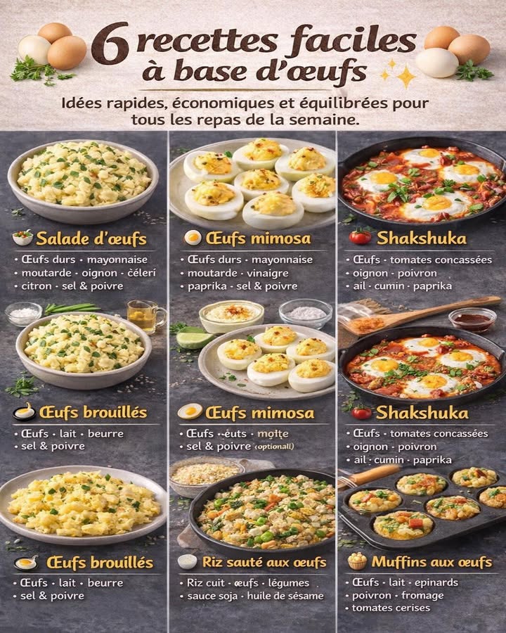 Œufs mimosa classiques 
Une recette simple et intemporelle, idéale pour un repas léger, une entrée fraîche ou un plateau gourmand. Les œufs mimosa associent douceur, onctuosité et équilibre avec très peu dingrédients.
狀 Ingrédients
Œufs durs
Mayonnaise
Moutarde
Vinaigre
Paprika
Sel
Poivre
 Préparation
讀 Cuisson des œufs
 Faire cuire les œufs jusquà obtenir des jaunes bien fermes
 Les refroidir, les écaler puis les couper en deux dans le sens de la longueur
籠 Préparer la farce
 Retirer les jaunes et les écraser dans un bol
 Ajouter la mayonnaise, la moutarde et un filet de vinaigre
 Assaisonner avec le sel, le poivre et une pincée de paprika
 Garnir et dresser
 Garnir délicatement les blancs avec la préparation
 Saupoudrer légèrement de paprika pour la finition
Les œufs mimosa sont une valeur sûre, économiques et rapides à préparer, parfaits pour varier les repas tout en restant simples et savoureux.