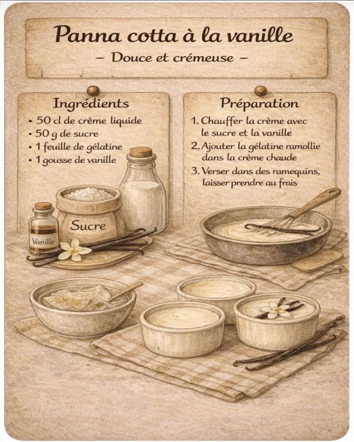 Panna cotta à la vanille 
 Douce et crémeuse 
La panna cotta à la vanille est un dessert élégant reconnu pour sa texture fondante et son goût délicat. Cette version met en valeur la simplicité des ingrédients pour un résultat raffiné et équilibré.
狀 Ingrédients :
 50 cl de crème liquide
 50 g de sucre
 1 feuille de gélatine
 1 gousse de vanille
 Préparation :
 Chauffer la crème avec le sucre et la vanille fendue afin de libérer pleinement les arômes, sans faire bouillir.
 Ajouter la gélatine préalablement ramollie dans la crème chaude et mélanger jusquà complète dissolution.
北 Verser la préparation dans des ramequins en veillant à une répartition homogène.
 Laisser prendre au frais jusquà obtenir une texture ferme et soyeuse.
Cette panna cotta séduit par sa douceur et sa finesse, offrant un dessert léger et harmonieux. Une recette intemporelle qui allie simplicité et élégance avec subtilité.