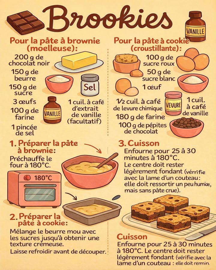 Brookies ultra gourmands 
Cette recette associe le fondant intense du brownie et le croustillant du cookie dans un seul dessert généreux. Un équilibre parfait entre deux textures emblématiques, idéal pour les amateurs de chocolat.
Ingrédients :
Pour la pâte à brownie moelleuse :
200 g de chocolat noir
150 g de beurre
150 g de sucre
3 œufs
100 g de farine
1 pincée de sel
1 cuillère à café dextrait de vanille facultatif
Pour la pâte à cookie croustillante :
100 g de sucre roux
50 g de sucre blanc
1 œuf
180 g de farine
1/2 cuillère à café de levure chimique
100 g de pépites de chocolat
1 cuillère à café de vanille
Préparation :
 Préchauffer le four à 180C afin dassurer une cuisson homogène.
 Faire fondre le chocolat noir avec le beurre, puis ajouter le sucre, les œufs, la farine, le sel et la vanille pour obtenir une pâte à brownie lisse.
 Mélanger le beurre mou avec les sucres, puis incorporer lœuf, la vanille, la farine, la levure et les pépites afin de former la pâte à cookie.
籠 Verser la pâte à brownie dans un moule, puis répartir la pâte à cookie par-dessus de façon uniforme.
 Enfourner pour 25 à 30 minutes, en veillant à conserver un centre légèrement fondant.
 Laisser refroidir avant de découper pour une tenue parfaite.
Ces brookies offrent une combinaison gourmande et réconfortante, mêlant cœur fondant et surface croustillante, pour un dessert généreux et savoureux.