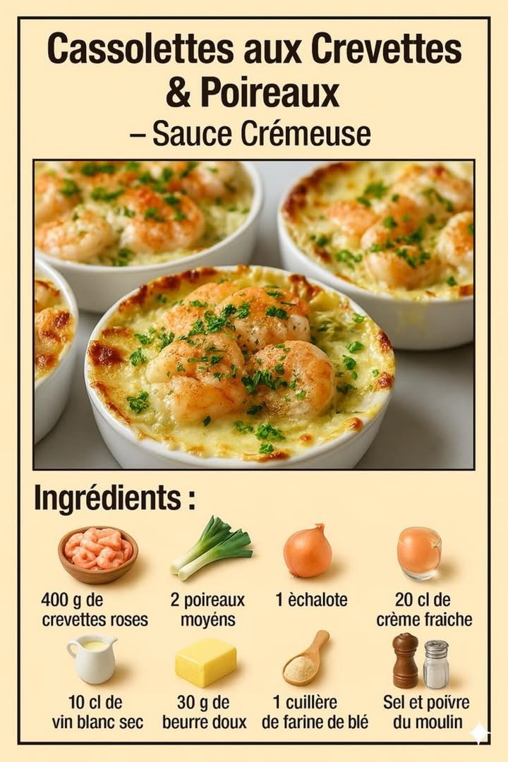 Cassolettes de crevettes & poireaux 塞
Ces cassolettes aux crevettes et poireaux offrent une alliance délicate entre la douceur des légumes et le fondant des crevettes, le tout nappé dune sauce crémeuse. Une recette élégante et réconfortante, idéale pour un repas fait maison tout en finesse.
Ingrédients :
400 g de crevettes roses décortiquées
2 poireaux moyens
1 échalote
20 cl de crème fraîche
10 cl de vin blanc sec
30 g de beurre doux
1 cuillère à soupe de farine de blé
Sel et poivre du moulin
Préparation :
暈 Émincer finement léchalote et les poireaux, puis les laver soigneusement.
杻 Faire fondre le beurre dans une poêle et faire revenir léchalote jusquà ce quelle devienne translucide.
塞 Ajouter les poireaux et les laisser fondre doucement à feu moyen jusquà obtenir une texture tendre.
 Saupoudrer la farine, mélanger et laisser cuire une minute afin dépaissir la préparation.
 Verser le vin blanc progressivement en remuant, puis laisser réduire légèrement.
拏 Incorporer la crème fraîche, saler et poivrer, puis laisser mijoter quelques minutes jusquà obtenir une sauce onctueuse.
 Ajouter les crevettes et les réchauffer délicatement sans les surcuire.
 Répartir la préparation dans des cassolettes et passer quelques minutes sous le gril pour une légère coloration.
Conclusion :
Ces cassolettes de crevettes et poireaux sont une recette douce, gourmande et raffinée, parfaite pour un repas convivial. Une préparation simple qui met en valeur des ingrédients délicats dans une sauce généreuse et savoureuse.