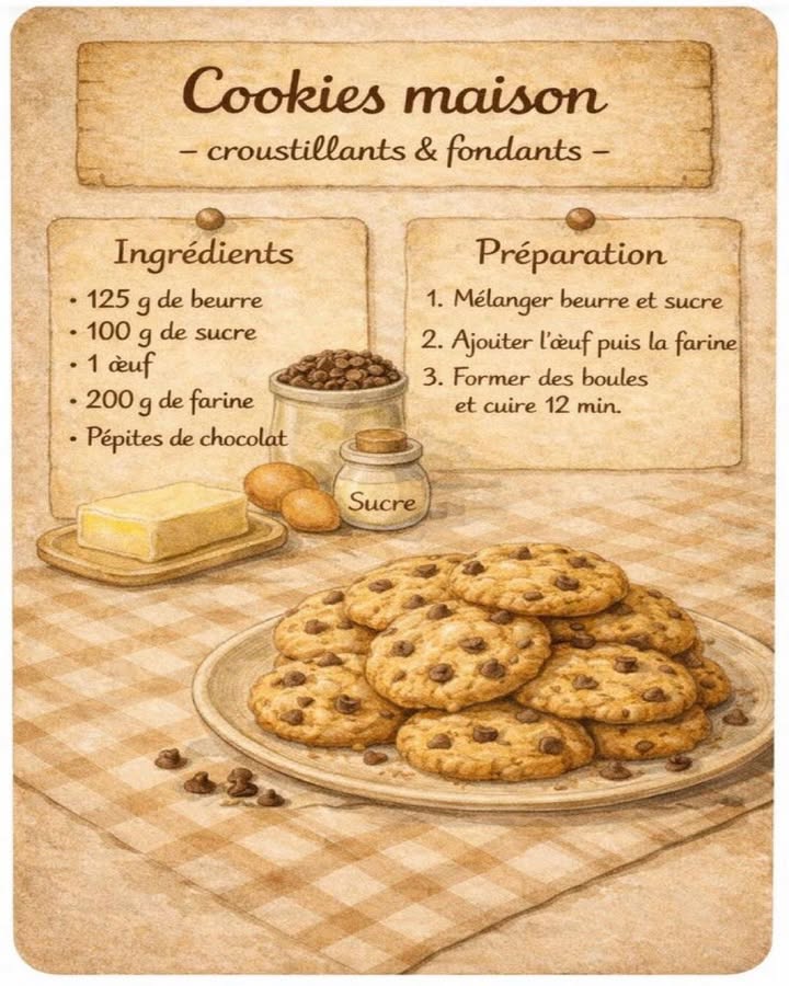 Cookies maison croustillants & fondants 
Ces cookies maison offrent un parfait équilibre entre un extérieur légèrement croustillant et un cœur fondant. Une recette simple et authentique, idéale pour un moment gourmand fait maison.
Ingrédients :
 125 g de beurre
 100 g de sucre
 1 œuf
 200 g de farine
 Pépites de chocolat
Préparation :
 杻 Mélanger le beurre et le sucre
Travaille le beurre ramolli avec le sucre jusquà obtenir une texture crémeuse et homogène.
 讀 Ajouter lœuf
Incorpore lœuf au mélange et mélange délicatement pour bien lier les ingrédients.
  Incorporer la farine
Ajoute la farine progressivement afin dobtenir une pâte souple et facile à travailler.
  Ajouter les pépites de chocolat
Mélange-les à la pâte pour une répartition équilibrée et gourmande.
  Former et cuire
Forme des petites boules de pâte, dispose-les sur une plaque et enfourne environ 12 minutes jusquà ce que les cookies soient dorés.
Ces cookies maison sont parfaits pour accompagner un moment de détente, avec une texture généreuse et un goût réconfortant qui plaît à tous.