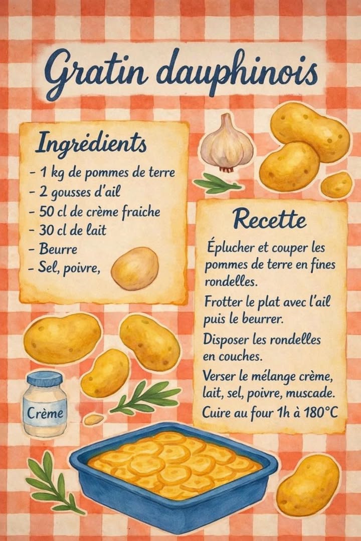 凜 Gratin dauphinois traditionnel 燎
Un grand classique de la cuisine française, fondant et généreux, parfait pour accompagner un plat ou se suffire à lui-même. Cette recette met en valeur la simplicité des pommes de terre, sublimées par une cuisson douce et crémeuse.
狀 Ingrédients :
1 kg de pommes de terre
2 gousses dail
50 cl de crème fraîche
30 cl de lait
Beurre
Sel, poivre, muscade
 Préparation :
 Préparer
Épluchez les pommes de terre et coupez-les en fines rondelles régulières.
龍 Aromatiser
Frottez un plat à gratin avec lail, puis beurrez-le soigneusement.
凜 Assembler
Disposez les rondelles de pommes de terre en couches successives dans le plat.
拏 Mélanger
Versez le mélange de crème, lait, sel, poivre et muscade sur les pommes de terre.
 Cuire
Enfournez et laissez cuire pendant 1 heure à 180C, jusquà obtenir un gratin bien fondant et doré.
Un gratin dauphinois savoureux et réconfortant, idéal pour partager un moment convivial autour dune cuisine authentique et généreuse.