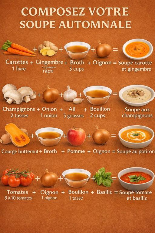 Composez votre soupe automnale 
Ces soupes automnales se déclinent à partir de quelques légumes de saison, simplement associés à du bouillon et des aromates. Des recettes réconfortantes, faciles à adapter selon les envies et parfaites pour les journées fraîches.
茶 Ingrédients
Soupe carotte & gingembre
1 livre de carottes
Gingembre râpé
3 cups de bouillon
1 oignon
Soupe aux champignons
2 tasses de champignons
1 oignon
3 gousses dail
2 cups de bouillon
Soupe courge butternut
1 courge butternut
3 cups de bouillon
1 pomme
1 oignon
Soupe tomate & basilic
8 à 10 tomates
1 oignon
1 tasse de bouillon
Basilic frais
 Préparation
凌 Soupe carotte & gingembre
Faire revenir loignon, ajouter les carottes et le gingembre, puis verser le bouillon. Laisser mijoter jusquà cuisson complète avant de mixer.
 Soupe aux champignons
Faire revenir loignon et lail, ajouter les champignons, puis le bouillon. Laisser cuire doucement et mixer pour obtenir une texture veloutée.
 Soupe courge butternut
Faire revenir loignon, ajouter la courge et la pomme coupées en morceaux. Verser le bouillon, cuire jusquà tendreté et mixer.
 Soupe tomate & basilic
Faire revenir loignon, ajouter les tomates et le bouillon. Laisser mijoter, mixer puis ajouter le basilic en fin de préparation.
 Ces soupes automnales offrent des saveurs simples et chaleureuses, idéales pour profiter pleinement des légumes de saison. Une base facile à décliner pour des repas sains, réconfortants et équilibrés.