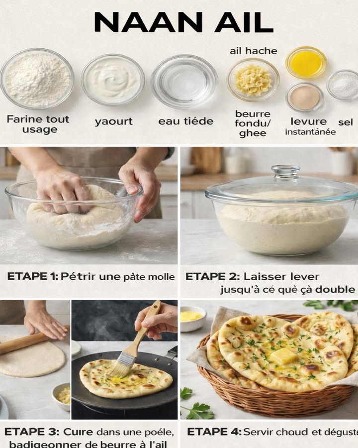 Naan à lail maison 䀘龍
Ce naan à lail est un pain moelleux et parfumé, préparé avec des ingrédients simples et une cuisson à la poêle. Il accompagne parfaitement les plats en sauce ou se déguste nature, encore chaud et fondant.
Ingrédients :
 Farine tout usage
 Yaourt nature
 Eau tiède
 Levure instantanée
 Sel
 Ail haché
 Beurre fondu ou ghee
Préparation :
 北 Former la pâte : Mélanger la farine, la levure et le sel, puis ajouter le yaourt et leau tiède jusquà obtenir une pâte souple.
 爐 Pétrir délicatement : Travailler la pâte quelques minutes pour quelle devienne lisse et légèrement élastique.
  Laisser lever : Couvrir et laisser reposer jusquà ce que la pâte double de volume.
  Façonner les naans : Diviser la pâte en portions et les étaler en disques réguliers.
  Cuire à la poêle : Faire cuire chaque naan dans une poêle bien chaude jusquà ce quil gonfle et prenne une belle coloration.
 杻 Parfumer à lail : Badigeonner immédiatement de beurre fondu ou de ghee mélangé à lail haché.
Le naan à lail maison se distingue par sa texture tendre et son goût délicatement relevé, offrant un pain généreux et authentique qui sublime tous les repas.