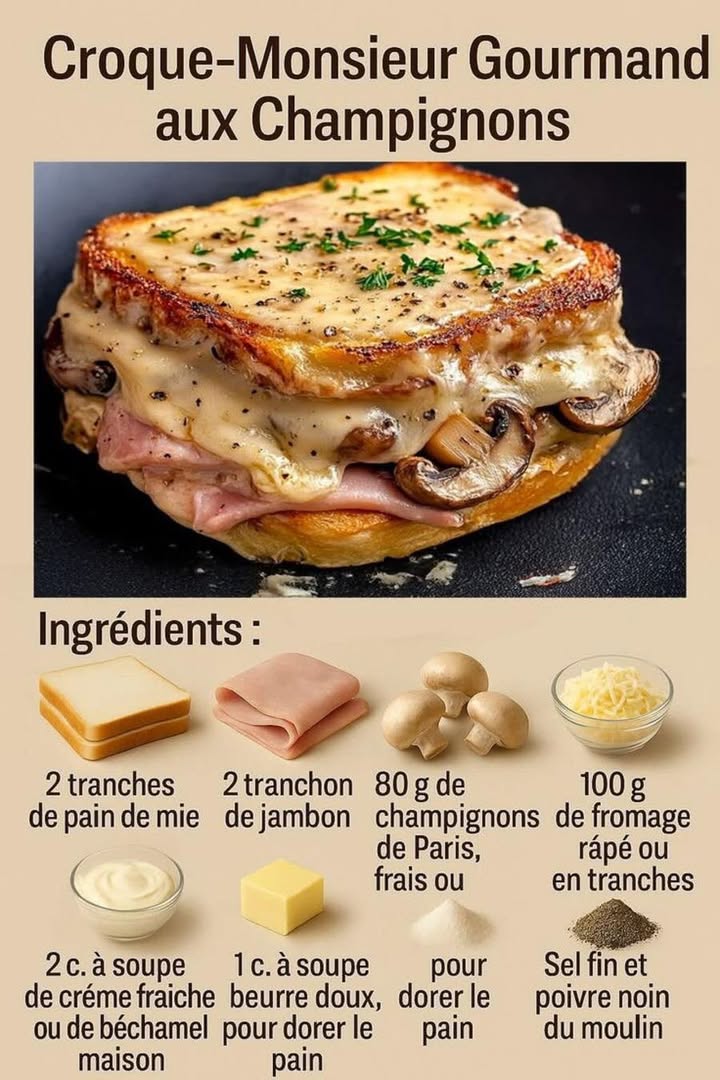 索 Croque-monsieur gourmand aux champignons 
Ce croque-monsieur revisité associe le fondant du fromage, la douceur des champignons et le moelleux du pain doré. Une version généreuse et réconfortante dun grand classique, parfaite pour un repas simple et savoureux.
Ingrédients :
2 tranches de pain de mie
2 tranches de jambon
80 g de champignons de Paris frais
100 g de fromage râpé ou en tranches
2 cuillères à soupe de crème fraîche ou de béchamel maison
1 cuillère à soupe de beurre doux
Sel fin
Poivre noir du moulin
Préparation :
 Nettoyer et émincer finement les champignons, puis les faire revenir à la poêle jusquà évaporation de leur eau.
蓼 Saler et poivrer légèrement les champignons pour relever leur saveur.
 Beurrer légèrement les tranches de pain de mie sur une face.
肋 Déposer une tranche de pain côté beurré vers lextérieur, puis ajouter le jambon, les champignons et la crème ou la béchamel.
燎 Recouvrir généreusement de fromage, puis refermer avec la seconde tranche de pain.
 Faire dorer le croque-monsieur à la poêle ou au four jusquà obtenir une belle coloration dorée et un fromage bien fondant.
 Parsemer éventuellement dherbes fraîches pour une touche finale parfumée.
Conclusion :
Ce croque-monsieur aux champignons est une recette simple, généreuse et pleine de caractère. Une alternative gourmande au croque classique, idéale pour un repas convivial et fait maison.
