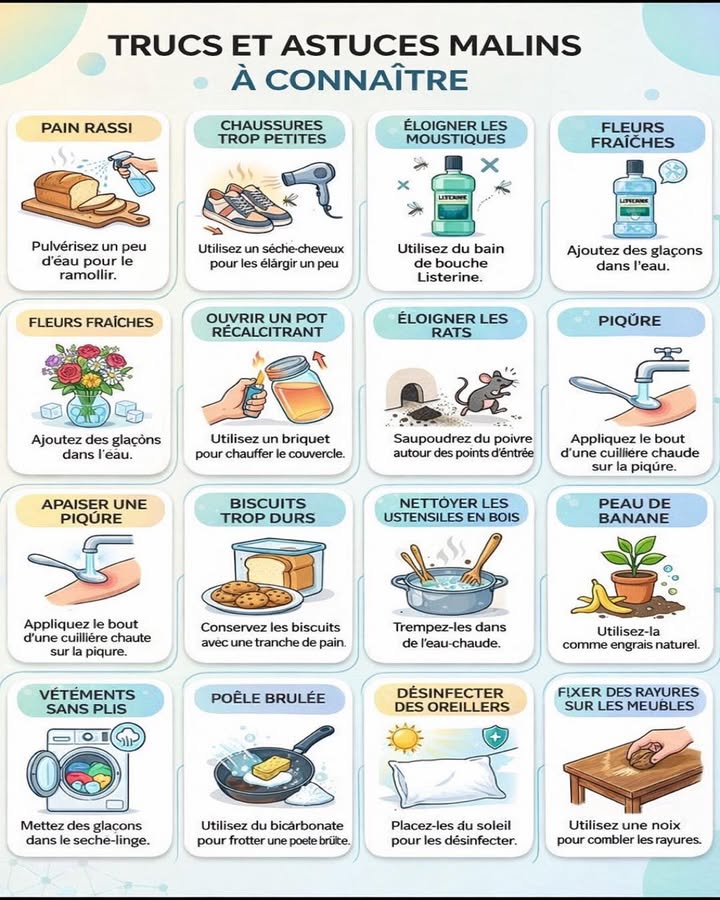 Trucs et Astuces Malins du Quotidien 
Ces astuces simples facilitent la vie de tous les jours grâce à des gestes pratiques et accessibles. Elles permettent de résoudre rapidement de petits problèmes du quotidien avec des solutions efficaces.
易 Astuces pratiques
 Pain rassis : Pulvériser un peu deau sur le pain avant de le réchauffer permet de lui redonner du moelleux.
 Chaussures trop petites : Utiliser un sèche-cheveux pour chauffer légèrement les zones serrées aide à les assouplir.
烈 Éloigner les moustiques : Le bain de bouche à base de menthol peut aider à repousser les insectes.
 Fleurs fraîches : Ajouter quelques glaçons dans leau du vase aide à préserver leur fraîcheur plus longtemps.
龎 Ouvrir un pot récalcitrant : Chauffer doucement le couvercle avec un briquet facilite son ouverture.
 Éloigner les rats : Saupoudrer du poivre autour des points dentrée agit comme répulsif naturel.
 Apaiser une piqûre : Appliquer le bout dune cuillère chaude aide à calmer linconfort.
 Biscuits trop durs : Les conserver avec une tranche de pain permet de leur redonner de la tendreté.
 Ustensiles en bois : Les tremper dans de leau chaude facilite le nettoyage en profondeur.
 Peau de banane : Elle peut être utilisée comme engrais naturel pour les plantes.
 Vêtements sans plis : Mettre des glaçons dans le sèche-linge aide à défroisser le linge.
 Poêle brûlée : Frotter avec du bicarbonate permet de nettoyer sans abîmer.
 Oreillers : Les exposer au soleil aide à les désinfecter naturellement.
蝹 Rayures sur les meubles : Une noix frottée sur le bois aide à atténuer les marques.
 Conclusion
Ces astuces pratiques offrent des solutions simples et naturelles pour améliorer le quotidien. Elles permettent de gagner du temps tout en adoptant des gestes malins et efficaces à la maison.