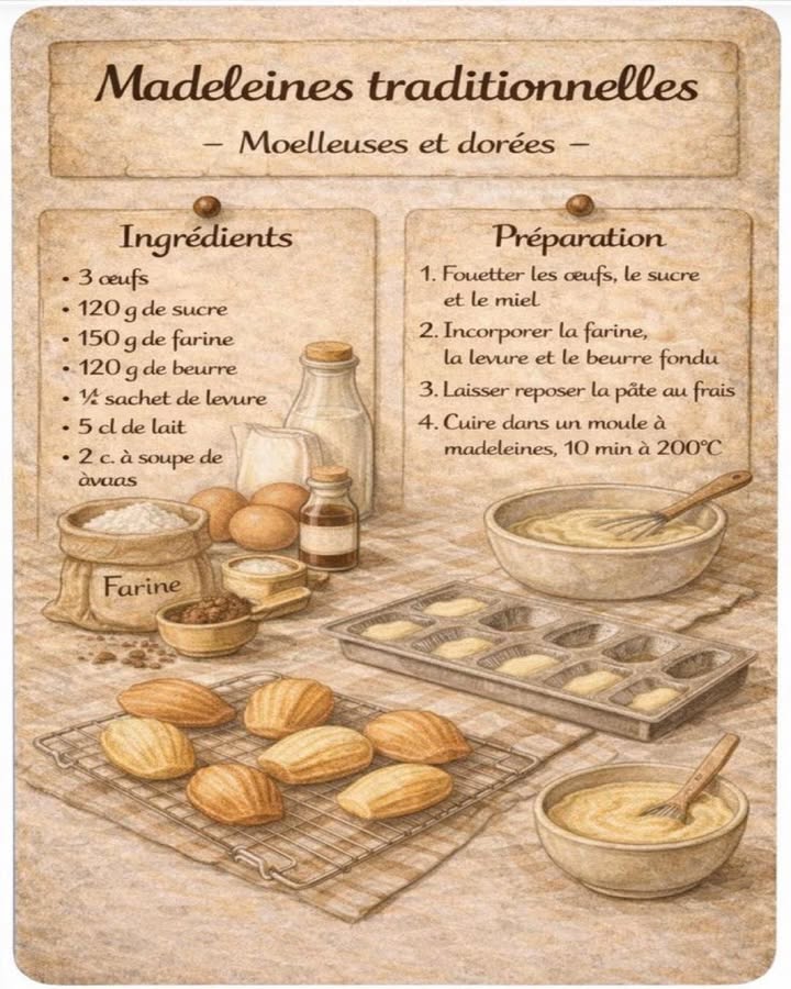 Madeleines traditionnelles 療
 Moelleuses et dorées 
Les madeleines traditionnelles sont de petits gâteaux intemporels, appréciés pour leur texture légère et leur belle coloration dorée. Cette recette met en valeur des ingrédients simples pour un résultat authentique et gourmand.
狀 Ingrédients :
 3 œufs
 120 g de sucre
 150 g de farine
 120 g de beurre
  sachet de levure chimique
 5 cl de lait
 2 cuillères à soupe darôme de vanille
 Préparation :
籠 Fouetter les œufs avec le sucre et larôme de vanille jusquà obtenir un mélange clair et homogène.
 Incorporer la farine et la levure, puis ajouter le beurre fondu en mélangeant délicatement.
拏 Verser le lait et lisser la pâte afin dobtenir une texture souple et régulière.
 Laisser reposer la pâte au frais pour favoriser le moelleux et la belle bosse des madeleines.
 Remplir un moule à madeleines et cuire 10 minutes à 200C jusquà obtention dune couleur dorée uniforme.
Ces madeleines se distinguent par leur cœur tendre et leur parfum délicat, idéales pour accompagner un moment de dégustation simple et chaleureux. Une recette classique qui traverse le temps avec élégance.