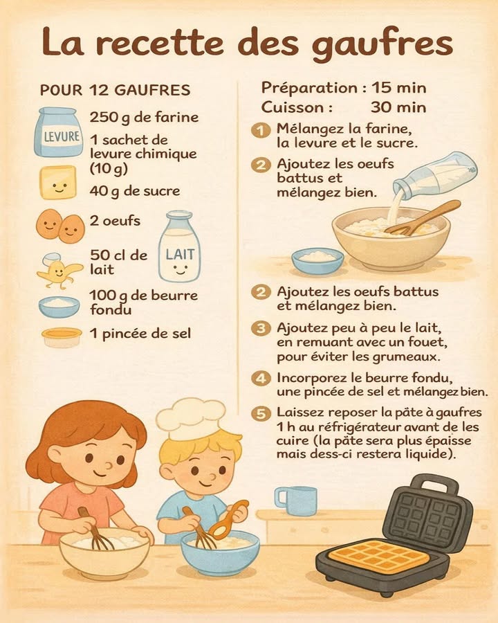 劉 La recette des gaufres maison 
Moelleuses à lintérieur et légèrement croustillantes à lextérieur, ces gaufres maison sont parfaites pour un moment gourmand en toute simplicité. Cette recette équilibrée permet dobtenir une pâte lisse et savoureuse, idéale pour un résultat régulier.
Ingrédients pour 12 gaufres :
250 g de farine
1 sachet de levure chimique 10 g
40 g de sucre
2 œufs
50 cl de lait
100 g de beurre fondu
1 pincée de sel
Préparation :
北 Mélanger les ingrédients secs en réunissant la farine, la levure et le sucre dans un grand saladier.
讀 Ajouter les œufs battus puis mélanger soigneusement afin dobtenir une base homogène.
拏 Incorporer le lait progressivement tout en fouettant pour éviter la formation de grumeaux.
杻 Ajouter le beurre fondu et le sel puis mélanger jusquà obtenir une pâte lisse et fluide.
 Laisser reposer la pâte pendant 1 heure au réfrigérateur afin daméliorer la texture.
 Cuire les gaufres dans un gaufrier chaud jusquà ce quelles soient bien dorées.
Cette recette classique garantit des gaufres régulières, faciles à préparer et toujours appréciées, aussi bien natures quaccompagnées selon les envies.