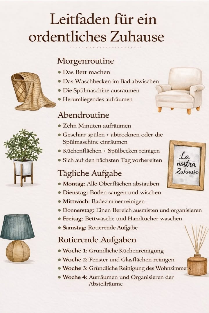 Leitfaden für ein ordentliches Zuhause

Ein aufgeräumtes Zuhause beginnt nicht mit Perfektion  sondern mit einfachen, realistischen Routinen. 
Diese kleinen Gewohnheiten helfen dir, jeden Tag Ordnung zu halten, ohne Stress und ohne stundenlanges Putzen.

 Morgenroutine
Ein gemachtes Bett, ein sauberes Waschbecken und eine leere Spülmaschine geben dir sofort ein Gefühl von Klarheit und Kontrolle. Schon wenige Minuten reichen, um gut in den Tag zu starten.

 Abendroutine
Zehn Minuten aufräumen, die Küche kurz sauber machen und sich auf den nächsten Tag vorbereiten  so gehst du entspannter schlafen und startest ruhiger in den Morgen.

 Tägliche Aufgaben
Jeder Tag hat seinen kleinen Fokus: Staub wischen, Böden reinigen, Badezimmer putzen oder einen Bereich organisieren. Alles ist aufgeteilt, damit es leicht bleibt.

 Rotierende Aufgaben
Gründliche Reinigungen werden auf Wochen verteilt  Küche, Fenster, Wohnzimmer, Abstellräume. Kein Überfordern, nur Struktur.

 Ordnung ist kein Ziel  sie ist ein Gefühl von Ruhe, Leichtigkeit und Wohlbefinden zu Hause.
