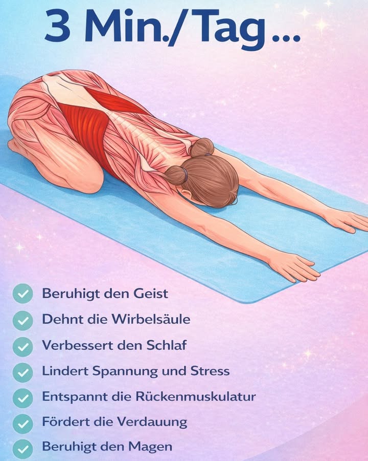 3 Minuten pro Tag  und dein Körper sagt Danke 

Manchmal braucht es nicht viel, um sich besser zu fühlen.
Diese einfache Dehnübung Kindhaltung reicht schon 3 Minuten am Tag, um Körper und Geist spürbar zu entspannen.

 Warum diese Übung so gut tut :
 Beruhigt den Geist und hilft beim Abschalten
 Dehnt sanft die Wirbelsäule
 Unterstützt einen ruhigeren, tieferen Schlaf
 Lindert Stress und innere Spannungen
 Entspannt die Rückenmuskulatur
 Fördert die Verdauung
 Beruhigt den Magen

律 So machst du es richtig :
Lege dich auf die Knie, setze das Gesäß auf die Fersen und strecke die Arme nach vorne. Atme ruhig und tief ein und aus. Bleibe für 3 Minuten in dieser Position und lass den Alltag los.

 Perfekt am Abend, nach einem langen Tag oder wann immer du Ruhe brauchst.