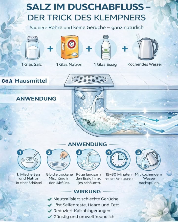 Salz im Duschabfluss  der Trick des Klempners!

Unangenehme Gerüche im Bad?
Wasser läuft langsam ab?
 Bevor du zu aggressiven Chemikalien greifst, probiere diesen einfachen Hausmittel-Trick!

蓼 Alles, was du brauchst, hast du meist schon zu Hause:

1 Glas Salz

1 Glas Natron

1 Glas Essig

Kochendes Wasser

 So funktionierts  Schritt für Schritt:

1 Mische Salz und Natron in einer Schüssel
2 Gib die trockene Mischung direkt in den Duschabfluss
3 Gieße den Essig langsam dazu es beginnt zu schäumen
4 1530 Minuten einwirken lassen
5 Mit kochendem Wasser gründlich nachspülen

 Warum dieser Trick so effektiv ist:

 Neutralisiert schlechte Gerüche
 Löst Seifenreste, Haare und Fett
 Reduziert Kalkablagerungen
 Günstig & umweltfreundlich
 Ganz ohne aggressive Chemie

 Tipp: Einmal im Monat anwenden, um Verstopfungen vorzubeugen.