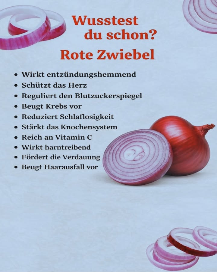 暈 Wusstest du schon? Rote Zwiebel

Die rote Zwiebel ist nicht nur lecker, sondern auch ein echtes Superfood für die Gesundheit 

 Ihre möglichen Vorteile:
 Wirkt entzündungshemmend
 Schützt das Herz
喝 Kann den Blutzuckerspiegel regulieren
 Trägt zur Zellgesundheit bei
 Kann Schlaflosigkeit reduzieren
領 Unterstützt das Knochensystem
 Reich an Vitamin C
 Wirkt harntreibend
綾 Fördert die Verdauung
 Kann helfen, Haarausfall vorzubeugen

 Am besten roh oder leicht gegart genießen, um möglichst viele Nährstoffe zu erhalten.