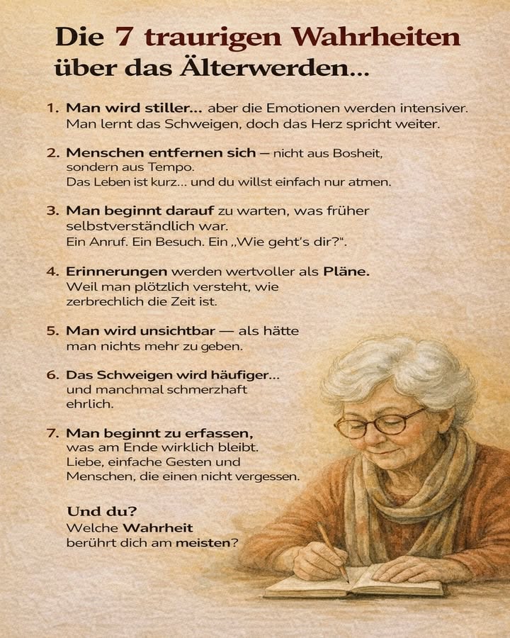 Die 7 traurigen Wahrheiten über das Älterwerden

Mit den Jahren verändert sich nicht nur unser Körper
sondern auch unser Blick auf das Leben, auf Menschen und auf die Zeit selbst.

Diese Wahrheiten sind leise.
Sie schreien nicht.
Aber sie treffen tief ins Herz. 

1 Man wird stiller  nicht weil man nichts mehr zu sagen hat,
sondern weil Gefühle intensiver werden und Worte oft nicht mehr reichen.

2 Menschen entfernen sich  nicht aus Bosheit,
sondern weil jeder sein eigenes Tempo geht.
Und irgendwann willst du einfach nur noch atmen.

3 Man beginnt zu warten auf Dinge, die früher selbstverständlich waren:
ein Anruf, ein Besuch, ein ehrliches
Wie geht es dir?.

4 Erinnerungen werden wertvoller als Pläne,
weil man versteht, wie zerbrechlich Zeit wirklich ist.

5 Man wird unsichtbar,
als hätte man nichts mehr zu geben 
obwohl man so viel erlebt hat.

6 Das Schweigen wird häufiger
und manchmal schmerzhaft ehrlich.

7 Am Ende erkennt man, was wirklich bleibt:
Liebe, einfache Gesten
und Menschen, die einen nicht vergessen. 

 Das Älterwerden ist kein Verlust von Leben
es ist ein Sammeln von Wahrheit.