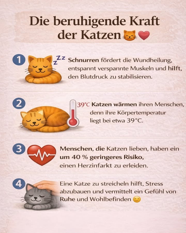 Die beruhigende Kraft der Katzen

Wusstest du, dass Katzen nicht nur süß sind, sondern auch echte kleine Heiler?
Ihre Anwesenheit hat erstaunliche Auswirkungen auf Körper und Geist 

 Warum Katzen uns guttun :

 Schnurren wirkt heilend
Das Schnurren einer Katze kann die Regeneration fördern, verspannte Muskeln entspannen und sogar den Blutdruck stabilisieren. Ein natürlicher Stresskiller!

 Natürliche Wärmequelle
Mit einer Körpertemperatur von etwa 39 C spenden Katzen wohlige Wärme  perfekt bei Kälte, Verspannungen oder einfach zum Entspannen.

 Gut fürs Herz
Studien zeigen: Menschen, die Katzen lieben, haben ein geringeres Risiko für Herz-Kreislauf-Erkrankungen. Liebe auf vier Pfoten 

律 Streicheln baut Stress ab
Eine Katze zu streicheln senkt Stresshormone und sorgt für ein Gefühl von Ruhe, Sicherheit und Geborgenheit.