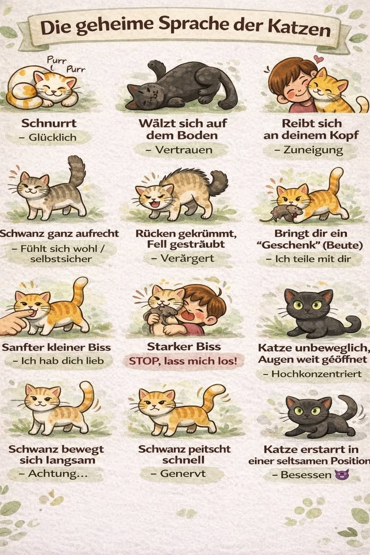 Spricht deine Katze mit dir? Ja  jeden Tag!

Katzen miauen nicht nur
Sie kommunizieren ständig mit ihrem Körper, ihrem Schwanz, ihren Augen und sogar mit kleinen Bissen 

 Wenn du lernst, diese Signale zu verstehen, stärkst du die Beziehung zu deiner Katze enorm 

易 Ein paar Beispiele aus der geheimen Katzensprache:

 Schnurren  Deine Katze ist glücklich

懶 Sich auf dem Boden wälzen  Sie vertraut dir

 Kopf an dir reiben  Zuneigung

 Schwanz aufrecht  Sie fühlt sich sicher

 Rücken gekrümmt, Fell gesträubt  Achtung, sie ist verärgert

 Bringt dir Beute  Ein Geschenk aus Liebe

 Sanfter Biss  Zärtlichkeit

 Starker Biss  STOP, Grenze erreicht

 Stillstehen mit großen Augen  Hochkonzentriert

 Schwanz bewegt sich langsam  Vorsicht

 Schwanz peitscht schnell  Genervt

 Starre, seltsame Position  Besessen oder Zoomies-Modus 

 Warum ist das wichtig?
Weil viele Missverständnisse zwischen Mensch und Katze dadurch entstehen,
dass wir ihre Sprache nicht richtig deuten.