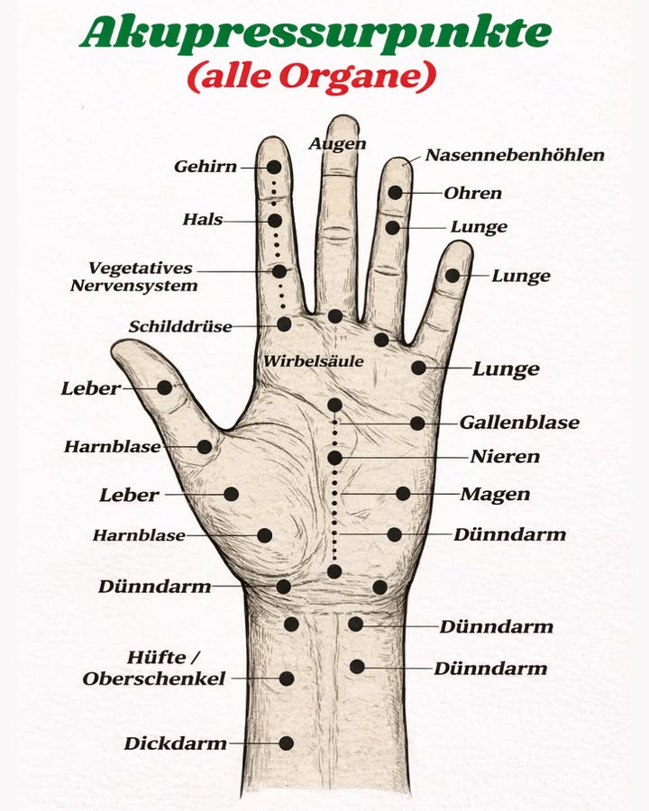 AKUPRESSURPUNKTE DER HAND ALLE ORGANE 

Wusstest du, dass deine Hand mit vielen Organen im Körper verbunden ist?
Durch sanften Druck auf bestimmte Punkte kannst du Entspannung, Wohlbefinden und Energiefluss fördern 

 Akupressur kann helfen bei:
 Stress & Anspannung
 Verdauungsbeschwerden
 Kopfschmerzen
 Müdigkeit
 innerer Unruhe

 Tipp: Jeden Punkt 3060 Sekunden mit leichtem Druck massieren und ruhig atmen