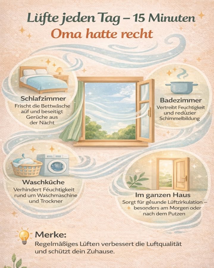 Lüfte jeden Tag  15 Minuten. Oma hatte recht!

Unsere Großmütter wussten es schon lange:
Regelmäßiges Lüften ist eines der einfachsten Dinge, die wir für ein gesundes Zuhause tun können.

Schon 15 Minuten pro Tag machen einen großen Unterschied 

 Im Schlafzimmer
Frische Luft erfrischt die Bettwäsche, vertreibt Gerüche aus der Nacht
und sorgt für ein angenehmeres Raumklima.

 Im Badezimmer
Lüften vertreibt Feuchtigkeit nach dem Duschen
und hilft, Schimmelbildung zu vermeiden.

 In der Waschküche
Besonders wichtig bei Waschmaschine und Trockner:
Regelmäßiges Lüften verhindert Staunässe und unangenehme Gerüche.

 Im ganzen Haus
Offene Fenster schaffen eine gesunde Luftzirkulation 
ideal am Morgen oder nach dem Putzen.

 Merke:
Frische Luft verbessert die Luftqualität,
schützt dein Zuhause und tut auch dem Körper gut.