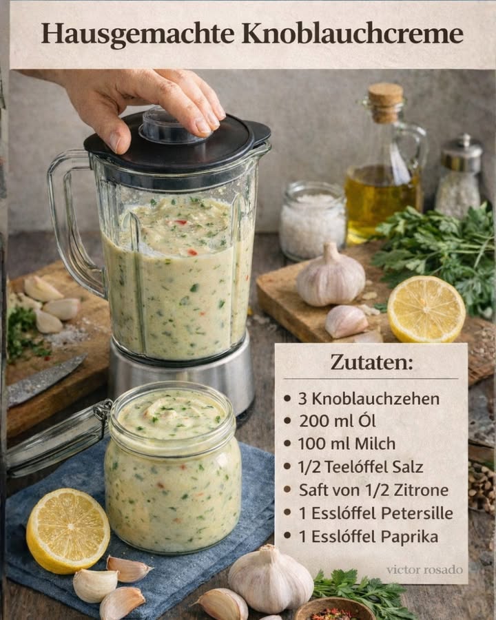 龍 Hausgemachte Knoblauchcreme  einfach & cremig!

Diese Knoblauchcreme ist schnell gemacht und passt perfekt zu Brot, Fleisch, Grillgerichten oder Salaten 

籠 Zutaten:

3 Knoblauchzehen

200 ml Öl

100 ml Milch

1/2 Teelöffel Salz

Saft von 1/2 Zitrone

1 Esslöffel Petersilie gehackt

1 Esslöffel Paprikapulver

 Zubereitung:

1 Knoblauch schälen und in den Mixer geben.
2 Milch und Salz hinzufügen.
3 Mixer einschalten und das Öl langsam eingießen, bis eine cremige Konsistenz entsteht.
4 Zitronensaft, Petersilie und Paprika dazugeben.
5 Kurz mixen, abschmecken und fertig!

 Für ein besseres Aroma vor dem Servieren 30 Minuten im Kühlschrank ruhen lassen.

 Tipps:

Hält sich 23 Tage im Kühlschrank

Auch lecker mit Joghurt statt Milch

Für Schärfe etwas Chili hinzufügen