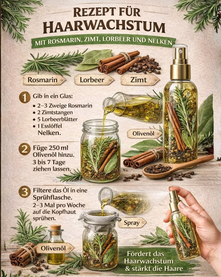 NATÜRLICHES HAARPFLEGE-REZEPT MIT KRÄUTERN

Viele Menschen setzen bei ihrer Haarpflege auf natürliche Öle und Kräuter 
Dieses einfache DIY-Rezept kombiniert Rosmarin, Zimt, Lorbeer und Nelken in Olivenöl  ideal als pflegendes Kopfhaut-Öl.

林 Zutaten:
 Rosmarin
 Zimt
 Lorbeerblätter
 Nelken
 Olivenöl

離 So wird es zubereitet:
1 Kräuter und Gewürze in ein Glas geben
2 Mit Olivenöl auffüllen und 37 Tage ziehen lassen
3 Öl filtern und in eine Sprühflasche füllen

 Anwendung:
23 Mal pro Woche sanft auf die Kopfhaut sprühen und leicht einmassieren.
Viele empfinden diese Routine als angenehm und pflegend.

 Warum viele dieses Öl mögen:
 Natürliche Inhaltsstoffe
 Pflegende Kopfhaut-Massage
 Angenehmer Duft
 Teil einer bewussten Haarpflegeroutine