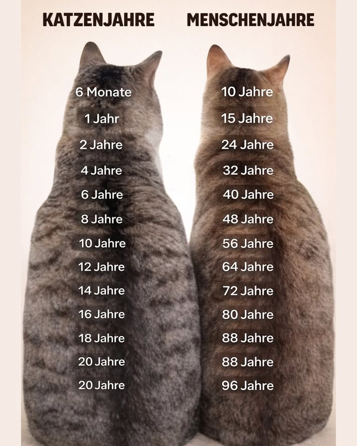 Wie alt ist deine Katze wirklich?
Die Umrechnung von Katzenjahren in Menschenjahre ist überraschend  und oft ganz anders, als man denkt!

Viele glauben, man müsse Katzenjahre einfach mit 7 multiplizieren
 Falsch! Die ersten Jahre einer Katze entsprechen viel mehr Menschenjahren als später.

 Beispiele:
 Mit 6 Monaten ist eine Katze schon etwa so entwickelt wie ein 10-jähriges Kind
 Mit 1 Jahr entspricht sie ungefähr einem 15-jährigen Menschen
 Mit 2 Jahren ist sie vergleichbar mit einem 24-jährigen Erwachsenen
 Ab dann altert die Katze langsamer  etwa 4 Menschenjahre pro Katzenjahr

 Warum ist das wichtig?
Das richtige Verständnis des Alters hilft bei:
 besserer Ernährung
 passender Pflege
 frühzeitiger Gesundheitsvorsorge
 mehr Lebensqualität für deine Katze 

 Jede Lebensphase zählt  egal ob jung, erwachsen oder Senior.