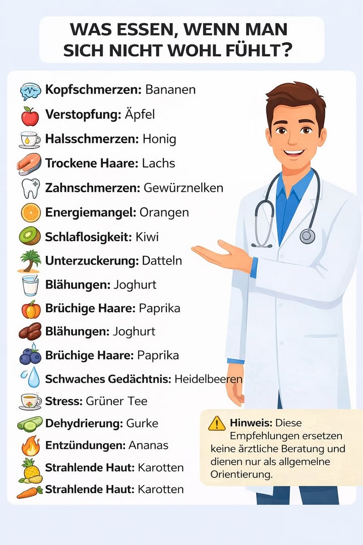 綾喙 Was essen, wenn man sich nicht wohl fühlt? 喙綾

Unser Körper sendet uns täglich Signale  oft können bestimmte Lebensmittel helfen, ihn sanft zu unterstützen.
Diese Übersicht zeigt einfache, natürliche Nahrungsmittel, die bei alltäglichen Beschwerden hilfreich sein können.

 Natürliche Unterstützung durch Ernährung:

易 Kopfschmerzen  Bananen
 Verstopfung  Äpfel
 Halsschmerzen  Honig
 Trockene Haare  Lachs
醴 Zahnschmerzen  Gewürznelken
 Energiemangel  Orangen
諾 Schlaflosigkeit  Kiwi
 Unterzuckerung  Datteln
拏 Blähungen  Joghurt
𣏕 Brüchige Haare  Paprika
𢡄 Schwaches Gedächtnis  Heidelbeeren
 Stress  Grüner Tee
勒 Dehydrierung  Gurke
 Entzündungen  Ananas
凌 Strahlende Haut  Karotten

 Wichtig:
Diese Tipps dienen als allgemeine Orientierung und ersetzen keine ärztliche Beratung.

 Hören Sie auf Ihren Körper  oft beginnt Wohlbefinden auf dem Teller.