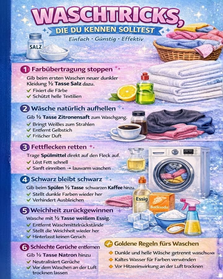 狀 WASCHTRICKS, DIE DU KENNEN SOLLTEST
Einfach  Günstig  Effektiv

Wäsche waschen gehört zum Alltag  mit ein paar einfachen Tricks wird sie sauberer, frischer und langlebiger 
Diese natürlichen Tipps helfen dir, Farben zu schützen, Gerüche zu entfernen und deine Kleidung länger schön zu halten.

 1 Farbübertragung stoppen
Beim ersten Waschen neuer dunkler Kleidung  Tasse Salz hinzufügen.
 Fixiert die Farbe
 Schützt helle Textilien

 2 Wäsche natürlich aufhellen
 Tasse Zitronensaft im Waschgang sorgt für strahlendes Weiß.
 Entfernt Gelbstich
 Frischer Duft

 3 Fettflecken retten
Etwas Spülmittel direkt auf den Fleck geben.
 Löst Fett schnell
 Sanft einreiben  lauwarm waschen

 4 Schwarz bleibt schwarz
Beim Spülen  Tasse schwarzen Kaffee hinzufügen.
 Frischt dunkle Farben auf
 Verhindert Ausbleichen

識 5 Weichheit zurückgewinnen
Mit  Tasse weißem Essig waschen.
 Entfernt Waschmittelrückstände
 Macht die Wäsche wieder weich
 Kein Essiggeruch nach dem Trocknen

 6 Schlechte Gerüche entfernen
 Tasse Natron in die Wäsche geben.
 Neutralisiert Gerüche
 Kleidung vor dem Waschen kurz an der Luft trocknen lassen

 Goldene Regeln fürs Waschen:
 Dunkle und helle Wäsche getrennt waschen
 Kaltes Wasser für Farben verwenden
 Vor Hitzeeinwirkung an der Luft trocknen

 Fazit:
Weniger Chemie, weniger Kosten  dafür bessere Ergebnisse und längere Lebensdauer deiner Kleidung