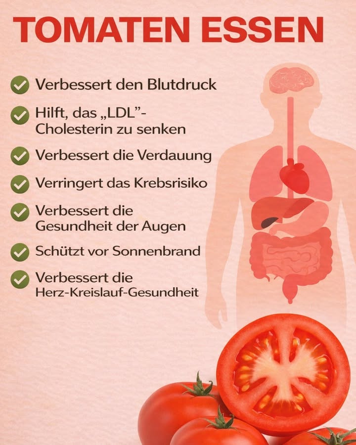 Warum Tomaten so gut für Ihre Gesundheit sind 

Tomaten gehören zu den beliebtesten Lebensmitteln  und das aus gutem Grund. Sie sind nicht nur lecker, sondern auch reich an wichtigen Nährstoffen, die den Körper im Alltag unterstützen können.

 Unterstützen einen gesunden Blutdruck
Dank ihres Kaliumgehalts können Tomaten helfen, den Flüssigkeitshaushalt im Körper zu regulieren.

 Tragen zur Senkung des LDL-Cholesterins bei
Die enthaltenen Antioxidantien, insbesondere Lycopin, werden mit einer positiven Wirkung auf die Blutfettwerte in Verbindung gebracht.

 Fördern die Verdauung
Tomaten enthalten Ballaststoffe, die zu einer normalen Darmfunktion beitragen können.

 Können das Krebsrisiko senken
Studien deuten darauf hin, dass Lycopin eine schützende Rolle für die Zellen spielen kann  besonders bei regelmäßigem Verzehr.

 Unterstützen die Augengesundheit
Vitamine wie A und C tragen zur normalen Sehkraft bei.

 Schützen die Haut vor Sonnenschäden
Tomaten enthalten natürliche Pflanzenstoffe, die die Haut von innen unterstützen können  ersetzen jedoch keinen Sonnenschutz.

 Fördern die Herz-Kreislauf-Gesundheit
Eine ausgewogene Ernährung mit Tomaten kann Teil eines herzgesunden Lebensstils sein.

綾 Tipp:
Tomaten entfalten ihre Nährstoffe besonders gut, wenn sie mit etwas Olivenöl kombiniert werden  zum Beispiel im Salat oder in einer warmen Sauce.