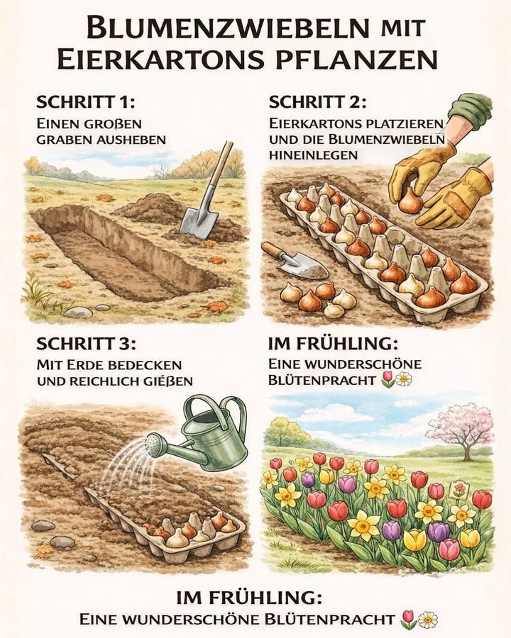 Blumenzwiebeln ganz einfach pflanzen  mit Eierkartons! 讀

Wusstest du, dass du Blumenzwiebeln super einfach und ordentlich mit Eierkartons pflanzen kannst?
Diese alte Gärtner-Methode sorgt für gleichmäßige Abstände, weniger Unkraut und eine wunderschöne Blütenpracht im Frühling 

 So funktioniert es Schritt für Schritt :

 Schritt 1:
Grabe eine große, flache Rinne im Garten oder Blumenbeet. Der Boden sollte locker und gut durchlässig sein.

 Schritt 2:
Lege die Eierkartons direkt in die Erde und setze in jede Mulde eine Blumenzwiebel mit der Spitze nach oben.

 Schritt 3:
Bedecke alles mit Erde und gieße reichlich. Die Kartons zersetzen sich mit der Zeit ganz natürlich und schützen die Zwiebeln.

 Das Ergebnis im Frühling?
Ein gleichmäßiges Blumenbeet mit Tulpen, Narzissen oder Krokussen, das aussieht wie aus einem Gartenmagazin 

 Extra-Tipp:
Diese Methode hält auch Feuchtigkeit im Boden und hilft gegen Unkraut  perfekt für Hobbygärtner!