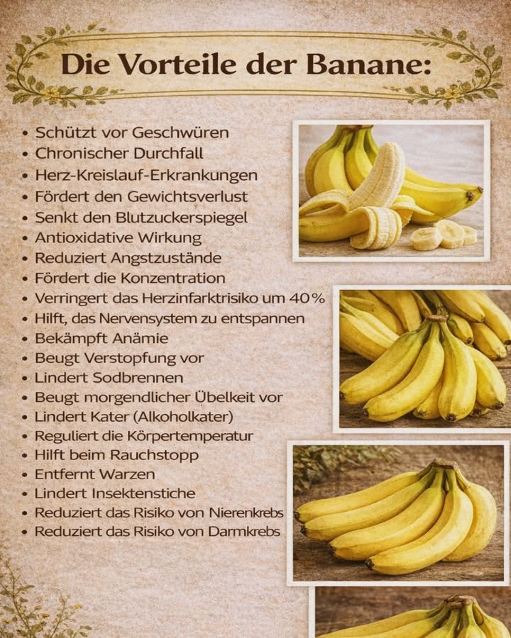 Wusstest du das? Die Banane ist ein echtes Superfood!

Bananen sind nicht nur lecker und praktisch  sie stecken auch voller gesundheitlicher Vorteile, die Körper und Geist täglich unterstützen können 

 Gut für die Verdauung
Dank ihrer Ballaststoffe helfen Bananen bei Verstopfung, lindern Sodbrennen und unterstützen eine gesunde Darmfunktion.

 Energie & Konzentration
Sie liefern schnelle Energie, fördern die Konzentration und helfen bei Müdigkeit  ideal für Schule, Arbeit oder Sport.

 Herz & Kreislauf
Der hohe Kaliumgehalt unterstützt den Blutdruck und trägt zur Herzgesundheit bei.

 Nerven & Wohlbefinden
Bananen enthalten Stoffe, die das Nervensystem beruhigen können und dabei helfen, Stress und innere Unruhe zu reduzieren.

 Natürliche Unterstützung im Alltag
Sie können bei morgendlicher Übelkeit helfen, den Körper hydratisieren und sind sanft zum Magen.

 Tipp:
Eine Banane pro Tag ist ein einfacher Schritt zu mehr Wohlbefinden  pur, im Smoothie, im Porridge oder als Snack zwischendurch.