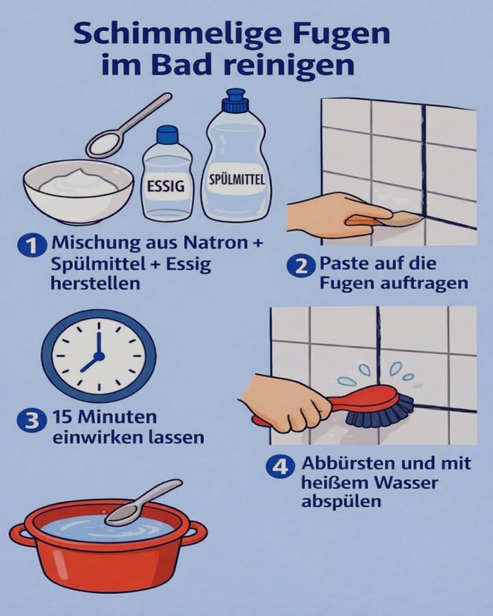 Schimmelige Fugen im Bad? So bekommst du sie wieder sauber!

Schwarze oder dunkle Fugen im Badezimmer sehen nicht nur unschön aus  sie sind oft ein Zeichen von Schimmel. Zum Glück brauchst du keine aggressiven Chemikalien, um sie zu reinigen. Mit einfachen Hausmitteln klappt es effektiv 

 So gehst du Schritt für Schritt vor:

 1 Mischung herstellen
Vermische Natron, etwas Spülmittel und Essig, bis eine dicke Paste entsteht.
 Natron wirkt gegen Schmutz, Essig gegen Schimmel, Spülmittel löst Fett.

 2 Paste auftragen
Trage die Paste großzügig direkt auf die schimmeligen Fugen auf.
Am besten mit einem Löffel oder einer alten Zahnbürste.

 3 Einwirken lassen
Lass die Mischung ca. 15 Minuten einwirken, damit sie tief in die Fugen eindringen kann 

 4 Abbürsten & abspülen
Bürste die Fugen gründlich ab und spüle alles mit heißem Wasser ab.
 Das Ergebnis: sichtbar hellere, saubere Fugen 

 Extra-Tipp:
Regelmäßiges Lüften nach dem Duschen verhindert neuen Schimmel und hält dein Bad länger frisch.