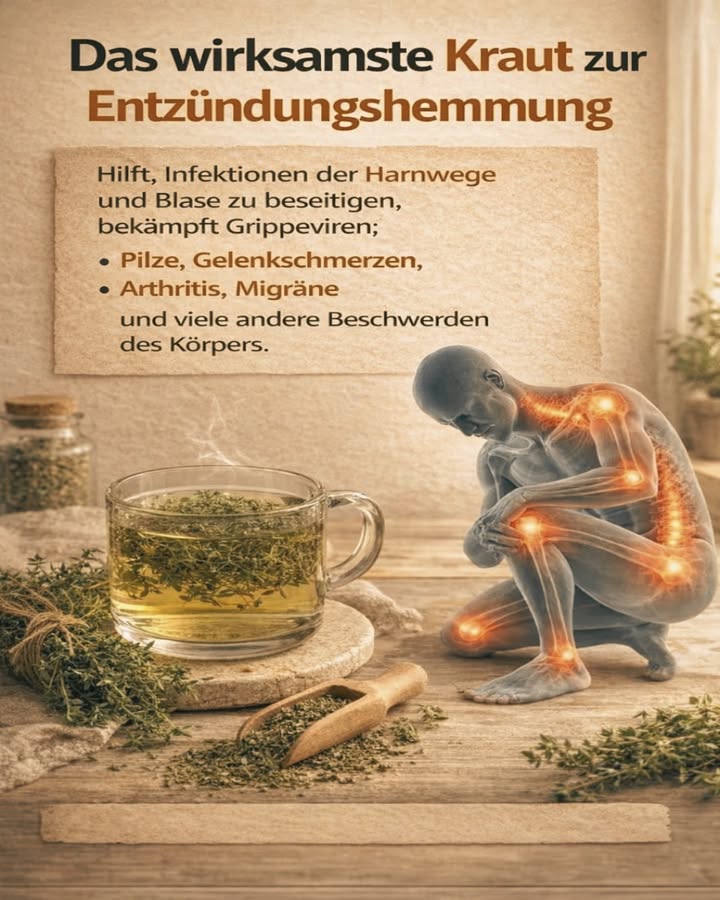 Das wirksamste Kraut gegen Entzündungen

Wusstest du, dass eine einfache Pflanze, die viele zu Hause haben, über starke entzündungshemmende und antibakterielle Eigenschaften verfügt?

 Thymian wird seit Generationen in der Naturheilkunde verwendet und ist für seine vielseitigen gesundheitlichen Vorteile bekannt.

 Seine wichtigsten Vorteile:
 Unterstützt bei Infektionen der Harnwege und der Blase
 Hilft dem Körper bei der Abwehr von Grippe- und Erkältungsviren
 Lindert Gelenk- und Muskelschmerzen
 Kann Beschwerden bei Arthritis und Migräne reduzieren
 Wirkt unterstützend gegen bestimmte Pilze und Bakterien

 Anwendung  Thymiantee:

1 Teelöffel getrockneter Thymian

1 Tasse heißes Wasser

810 Minuten ziehen lassen, abseihen

12 Tassen täglich trinken

 Oma-Tipp:
Ein Löffel Honig verstärkt die beruhigende Wirkung und macht den Tee angenehmer im Geschmack.
