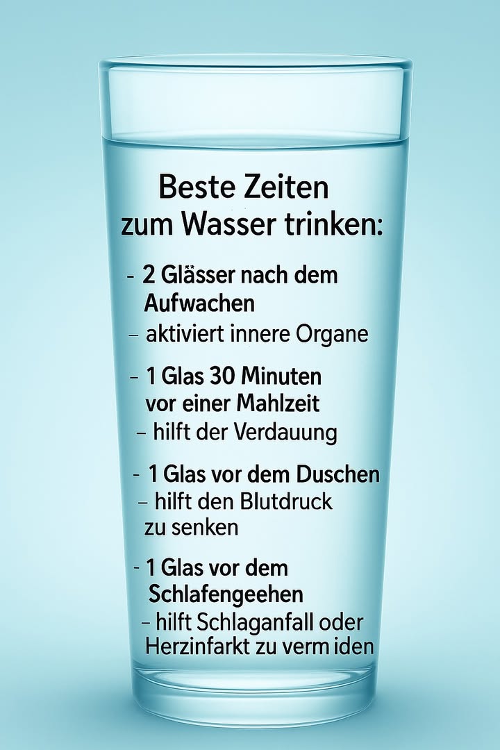 Die besten Zeiten zum Wassertrinken für Ihren Tag

Wasser ist Leben  und wie, wann und wie oft Sie es trinken, beeinflusst Ihr Wohlbefinden. Entdecken Sie, wann Sie Ihrem Körper mit ausreichend Flüssigkeit am meisten Gutes tun können.

 Direkt nach dem Aufwachen  
Wenn Sie morgens zwei Gläser Wasser trinken, wecken Sie Ihre inneren Organe sanft auf und bereiten Ihren Körper optimal auf den Tag vor.

 Etwa 30 Minuten vor den Mahlzeiten  
Ein Glas Wasser vor dem Essen unterstützt Ihre Verdauung und hilft Ihrem Körper, Nährstoffe besser aufzunehmen.

 Vor dem Duschen  
Ein Glas Wasser vor der Dusche kann Ihren Blutdruck stabilisieren und Ihren Kreislauf schonen.

 Vor dem Schlafengehen  
Ein Glas Wasser am Abend hilft, das Risiko für Herzinfarkt und Schlaganfall zu verringern und hält Ihren Körper über Nacht feucht und ausgeglichen.

Gönnen Sie Ihrem Körper diese kleinen Momente der Fürsorge  Ihr Wohlbefinden wird es Ihnen danken.