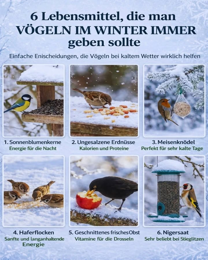 6 Lebensmittel, die man Vögeln im Winter immer geben sollte 

Im Winter wird es für viele Wildvögel schwer, genügend Nahrung zu finden.
Mit den richtigen Lebensmitteln kannst du ihnen helfen, Energie zu sparen, warm zu bleiben und gesund durch die kalte Jahreszeit zu kommen.

Hier sind 6 bewährte Nahrungsmittel, die Vögeln bei Kälte wirklich helfen 

 1. Sonnenblumenkerne

 Energie für kalte Nächte
Reich an Fett und Kalorien  ideal, um den hohen Energiebedarf im Winter zu decken.
 Von fast allen Vogelarten geliebt

樂 2. Ungesalzene Erdnüsse

 Kalorien & Proteine
Sehr energiereich und perfekt bei Frost.
 Nur ungesalzen und ungewürzt anbieten!

 3. Meisenknödel

 Perfekt für sehr kalte Tage
Liefern konzentrierte Energie.
 Am besten ohne Netz, um Verletzungen zu vermeiden.

 4. Haferflocken

 Sanfte, langanhaltende Energie
Besonders gut für kleinere Vögel.
 Fein und trocken anbieten

 5. Geschnittenes frisches Obst

 Vitamine für Amseln & Drosseln
Äpfel oder Beeren sind ideal.
 Auf einer erhöhten, sauberen Stelle auslegen

 6. Nigersaat

 Sehr beliebt bei Stieglitzen
Kleine, ölreiche Samen mit hohem Energiegehalt.

 Wichtige Tipps zur Winterfütterung
 Futter regelmäßig erneuern
 Futterstellen sauber halten
 Keine gewürzten, gesalzenen oder verdorbenen Lebensmittel
 Auch Wasser bereitstellen nicht gefroren