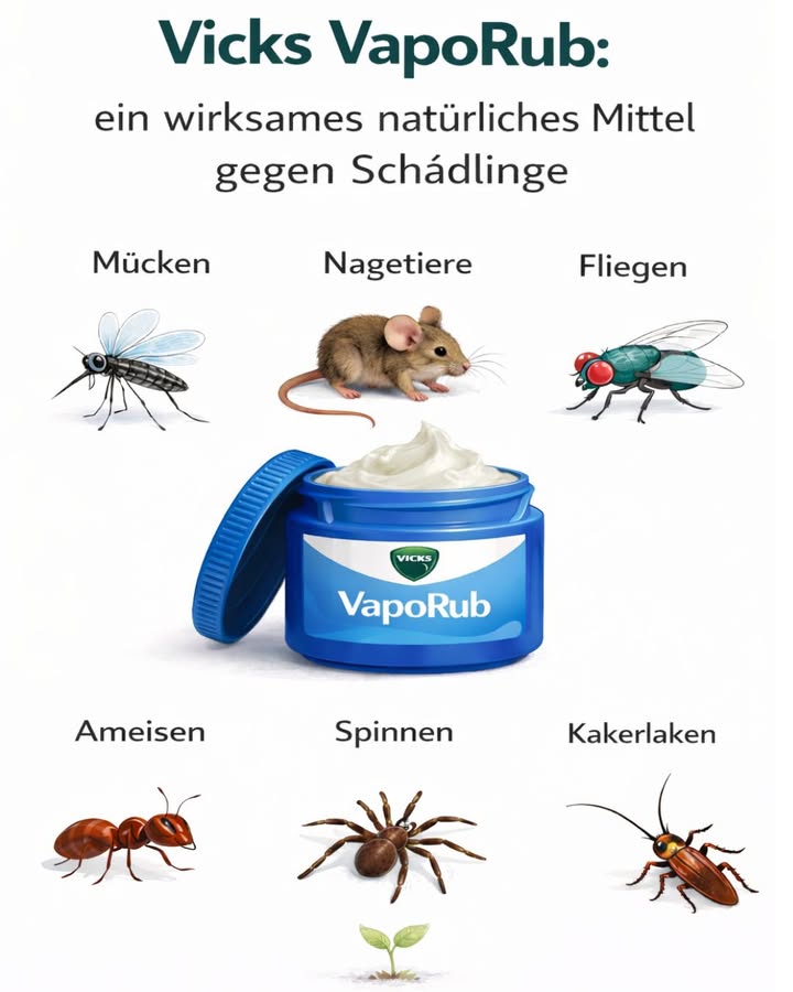 烈 Wusstest du das? Vicks VapoRub kann helfen, Schädlinge fernzuhalten!

Vicks VapoRub ist nicht nur bei Erkältungen bekannt 蠟
Viele nutzen es auch als natürliches Hausmittel, um unerwünschte Gäste fernzuhalten 

 Der intensive Geruch wirkt abschreckend auf verschiedene Schädlinge wie:

烈 Mücken

 Nagetiere

練 Fliegen

 Ameisen

 Spinnen

荒 Kakerlaken

 Wie wird es angewendet?
Eine kleine Menge VapoRub auf Watte, ein Tuch oder in eine Schale geben und in der Nähe von Fenstern, Türen oder betroffenen Stellen platzieren.

 Wichtiger Hinweis:
Nicht direkt auf Haut von Kindern oder Haustieren auftragen. Immer vorsichtig und gezielt verwenden.

 Ein einfacher Trick für alle, die Chemie vermeiden und auf Hausmittel setzen möchten.