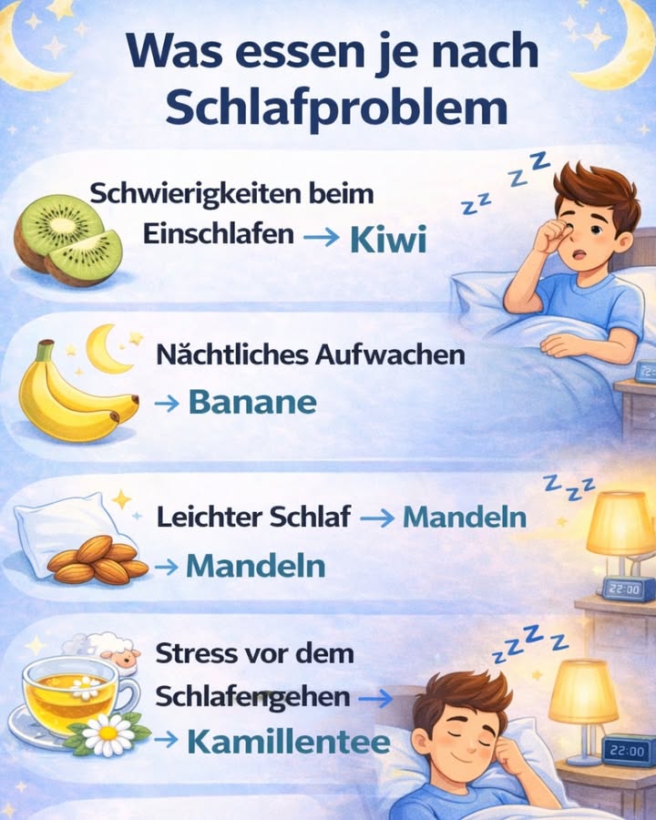 Was essen je nach Schlafproblem? 

Schlafprobleme können viele Ursachen haben  Stress, Ernährung oder unregelmäßige Gewohnheiten.
Bestimmte Lebensmittel können den Schlaf sanft unterstützen und zur Entspannung beitragen 

諾 Schwierigkeiten beim Einschlafen
 Kiwi  enthält Antioxidantien und Serotonin, die beim Einschlafen helfen können.

 Nächtliches Aufwachen
 Banane  reich an Magnesium und Kalium, unterstützt die Muskelentspannung.

 Leichter, unruhiger Schlaf
 Mandeln  liefern Magnesium und fördern einen tieferen Schlaf.

 Stress vor dem Schlafengehen
 Kamillentee  wirkt beruhigend und hilft beim Abschalten.

 Tipp:
Diese Lebensmittel ersetzen keine medizinische Behandlung, können aber Teil einer gesunden Abendroutine sein.