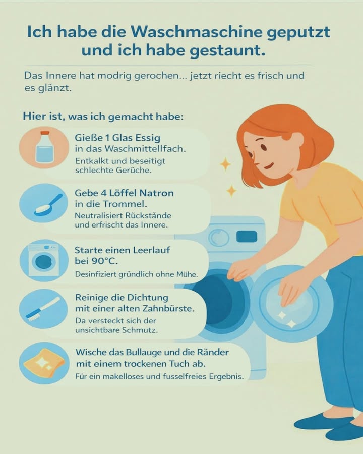 狀 Ich habe meine Waschmaschine gereinigt  und war wirklich überrascht!

Das Innere hat vorher muffig gerochen
 jetzt riecht es frisch und glänzt wie neu.

Ich hätte nie gedacht, dass es so einfach ist. Hier ist meine Routine, die wirklich funktioniert 

 1 1 Glas Essig ins Waschmittelfach geben
Der Essig entfernt Kalk, löst Ablagerungen und beseitigt unangenehme Gerüche ganz natürlich.

 2 4 Esslöffel Natron direkt in die Trommel geben
Natron neutralisiert Rückstände, reinigt sanft und sorgt für frische Sauberkeit im Inneren.

 3 Einen Leerlauf bei 90 C starten
Die hohe Temperatur desinfiziert gründlich und entfernt selbst hartnäckigen Schmutz.

 4 Die Gummidichtung mit einer alten Zahnbürste reinigen
Genau dort sammelt sich oft unsichtbarer Schmutz, der für schlechte Gerüche sorgt.

 5 Bullauge und Ränder mit einem trockenen Tuch abwischen
Für ein sauberes, glänzendes und fusselfreies Ergebnis 

識 Ergebnis:
 Frischer Duft
 Saubere Trommel
 Längere Lebensdauer der Waschmaschine

 Tipp: Diese Reinigung einmal im Monat durchführen  deine Wäsche und deine Nase werden es dir danken