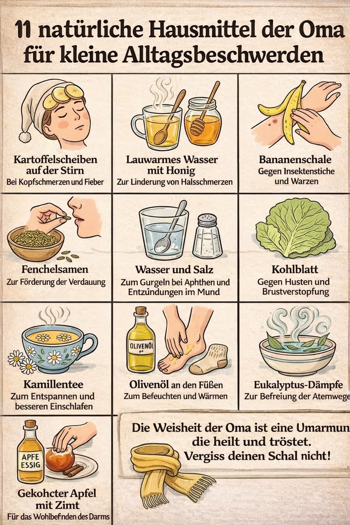 11 natürliche Hausmittel der Oma für kleine Alltagsbeschwerden 

Früher gab es keine Apotheken an jeder Ecke 
und trotzdem wussten unsere Omas genau, wie man sich mit einfachen, natürlichen Mitteln hilft 

Hier sind einige ihrer bewährten Tipps, die auch heute noch wirken 

凜 Kartoffelscheiben auf der Stirn
 Bei Kopfschmerzen und leichtem Fieber

 Lauwarmes Wasser mit Honig
 Lindert Halsschmerzen auf natürliche Weise

 Bananenschale
 Gegen Insektenstiche und Warzen

 Fenchelsamen
 Unterstützen die Verdauung

蓼 Wasser mit Salz
 Zum Gurgeln bei Aphthen und Entzündungen im Mund

塞 Kohlblatt
 Hilft bei Husten und Brustverstopfung

 Kamillentee
 Entspannt und fördert einen ruhigen Schlaf

㮝 Olivenöl an den Füßen
 Spendet Feuchtigkeit und wärmt

 Eukalyptus-Dämpfe
 Befreien die Atemwege

 Apfelessig
 Tonisiert und reinigt die Haut

 Gekochter Apfel mit Zimt
 Wohltuend für den Darm

懶 Omas Weisheit erinnert uns daran:
Manchmal sind die einfachsten Dinge die wirksamsten.
Und vergiss nicht deinen Schal! 泥