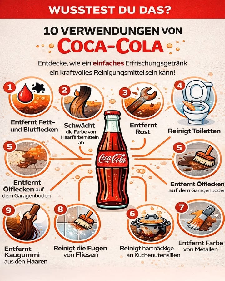 識 WUSSTEST DU DAS?
磻 10 überraschende Verwendungen von Coca-Cola im Haushalt

Coca-Cola ist nicht nur ein Getränk
 Sie kann auch bei der Reinigung helfen  dank ihrer Säuren und Kohlensäure.

Hier sind 10 bekannte Hausmittel-Anwendungen, die viele überraschen 

1 Entfernt Fett- und Blutflecken
2 Schwächt die Farbe von Haarfärbemitteln ab
3 Entfernt Rost von Werkzeugen
4 Reinigt Toiletten
5 Löst Ölflecken auf dem Garagenboden
6 Entfernt Farbe von Metallen
7 Reinigt hartnäckige Flecken an Küchenutensilien
8 Reinigt Fliesenfugen
9 Entfernt Kaugummi aus den Haaren
 Entfernt Flecken aus Teppichen

 Erstaunlich, was ein einfaches Erfrischungsgetränk alles kann!

 WICHTIGER HINWEIS
Coca-Cola enthält Säuren.
 Nicht auf empfindlichen Oberflächen anwenden
 Immer zuerst an einer unauffälligen Stelle testen
 Nicht regelmäßig als Reinigungsmittel verwenden

 Tipp:
Für den Alltag sind Essig, Natron oder Zitronensäure oft die bessere und schonendere Wahl.