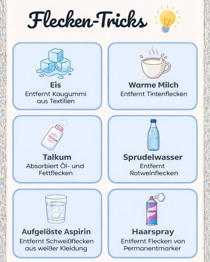 識 Flecken entfernen leicht gemacht! 
Kennst du das? Ein kleiner Moment und schon ist das Lieblingskleid fleckig 
Zum Glück gibt es einfache Hausmittel, die wirklich helfen 

流 Eis
 Entfernt Kaugummi aus Textilien  einfach aushärten lassen und abziehen

拏 Warme Milch
 Wirksam gegen Tintenflecken auf Kleidung

 Talkum
 Absorbiert Öl- und Fettflecken schonend

 Sprudelwasser
 Ideal gegen frische Rotweinflecken

 Aufgelöste Aspirin
 Entfernt Schweißflecken aus weißer Kleidung

 Haarspray
 Hilft gegen Permanentmarker-Flecken

 Tipp:
Teste jedes Mittel zuerst an einer unauffälligen Stelle des Stoffes.