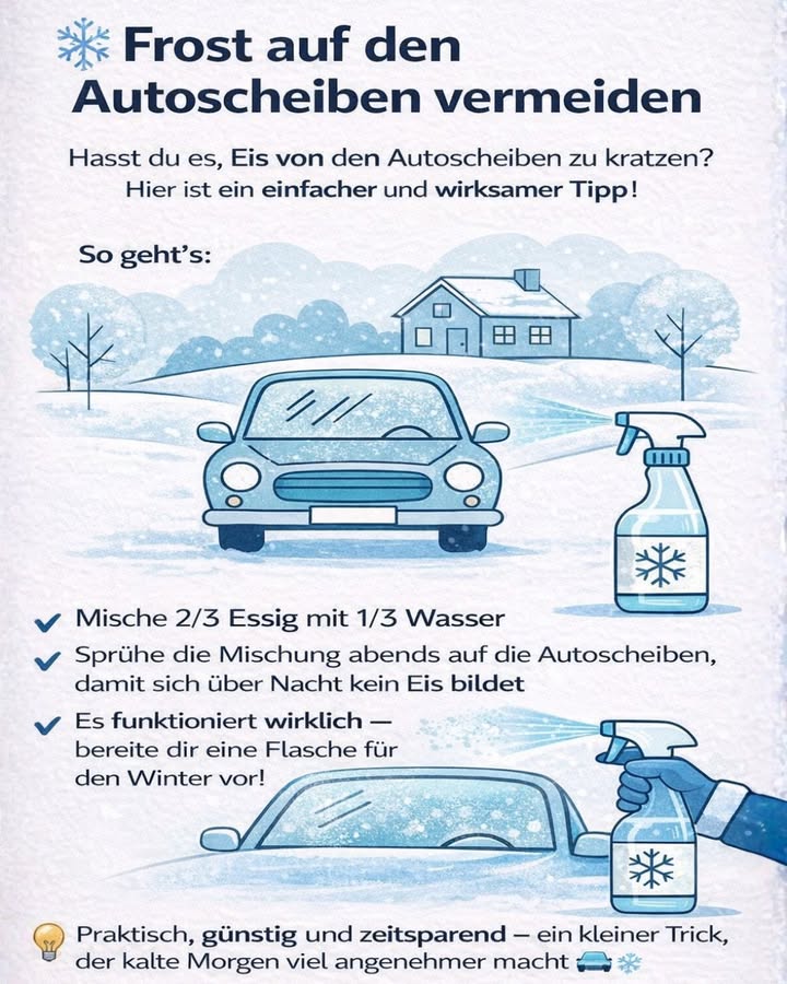 Frost auf den Autoscheiben vermeiden  einfacher Winter-Trick!

Der Winter ist da und niemand hat Lust, morgens Eis von den Scheiben zu kratzen 略
Zum Glück gibt es einen einfachen, günstigen und wirksamen Trick, den du heute schon vorbereiten kannst!

 Was du brauchst :
 2/3 weißer Essig
 1/3 Wasser
 Eine Sprühflasche

 So funktioniert es :
 Mische Essig und Wasser in der Sprühflasche
 Sprühe die Lösung abends auf die Autoscheiben
 Über Nacht bildet sich kein Frost 

 Spart Zeit am Morgen
 Schont die Scheiben
 Kostet fast nichts
 Funktioniert wirklich!

 Extra-Tipp : Eine Flasche im Kofferraum bereithalten  perfekt für kalte Nächte!
