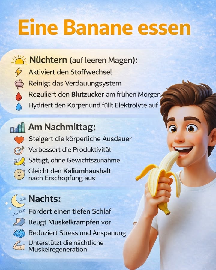Eine Banane essen  der richtige Zeitpunkt macht den Unterschied! 

Wusstest du, dass eine Banane je nach Tageszeit unterschiedliche Vorteile für deinen Körper haben kann? 
Dieses natürliche Superfood ist einfach, lecker und vielseitig einsetzbar 

 Nüchtern auf leeren Magen:
 Aktiviert den Stoffwechsel
 Unterstützt die Verdauung
 Hilft, den Blutzucker am Morgen zu regulieren
 Versorgt den Körper mit Flüssigkeit und Elektrolyten

 Am Nachmittag:
 Steigert die körperliche Ausdauer
 Verbessert Konzentration und Produktivität
 Macht satt, ohne zu beschweren
 Gleicht den Kaliumhaushalt nach Müdigkeit aus

 Nachts:
 Fördert einen erholsamen, tiefen Schlaf
 Beugt Muskelkrämpfen vor
 Reduziert Stress und innere Anspannung
 Unterstützt die nächtliche Muskelregeneration

 Tipp:
Eine Banane ist kein Wundermittel, aber ein gesunder Bestandteil einer ausgewogenen Ernährung.