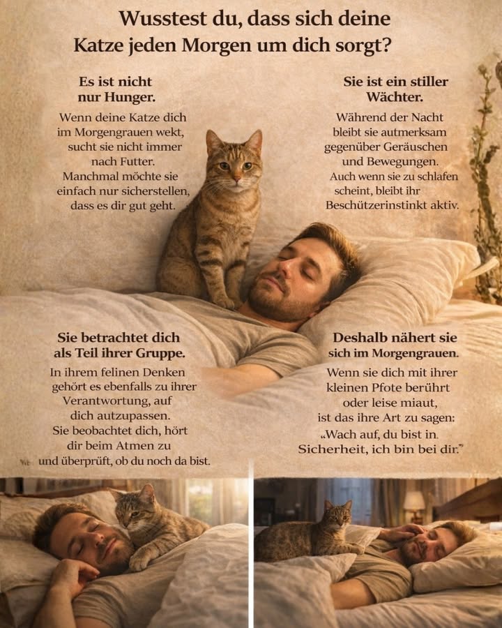 Wusstest du, dass sich deine Katze jeden Morgen um dich sorgt?

Viele Menschen denken, dass ihre Katze sie im Morgengrauen nur wegen Futter weckt. Doch oft steckt viel mehr dahinter.

Wenn deine Katze sich früh am Morgen nähert, dich mit der Pfote berührt oder leise miaut, geht es nicht immer um Hunger. Manchmal möchte sie einfach nur überprüfen, ob alles in Ordnung ist. 

Katzen sind von Natur aus aufmerksam. Während du schläfst, nehmen sie Geräusche, Bewegungen und Veränderungen in ihrer Umgebung wahr. Auch wenn es so aussieht, als würden sie tief und fest schlafen, bleibt ihr Instinkt aktiv. Sie beobachten, hören zu und registrieren jede Kleinigkeit.

In ihrer Welt gehörst du zu ihrem Rudel  zu ihrer Familie. Und Familie bedeutet Verantwortung.
Deine Katze hört deinen Atem, spürt deine Bewegungen und vergewissert sich, dass du sicher bist. Dieses Verhalten ist kein Zufall, sondern Ausdruck von Bindung und Vertrauen.

Wenn sie sich morgens an dich kuschelt oder dich sanft anstupst, ist das vielleicht ihre stille Botschaft:
Du bist in Sicherheit. Ich bin bei dir.

Unsere Katzen zeigen ihre Liebe oft auf leise, subtile Weise  aber sie ist tief und ehrlich.
